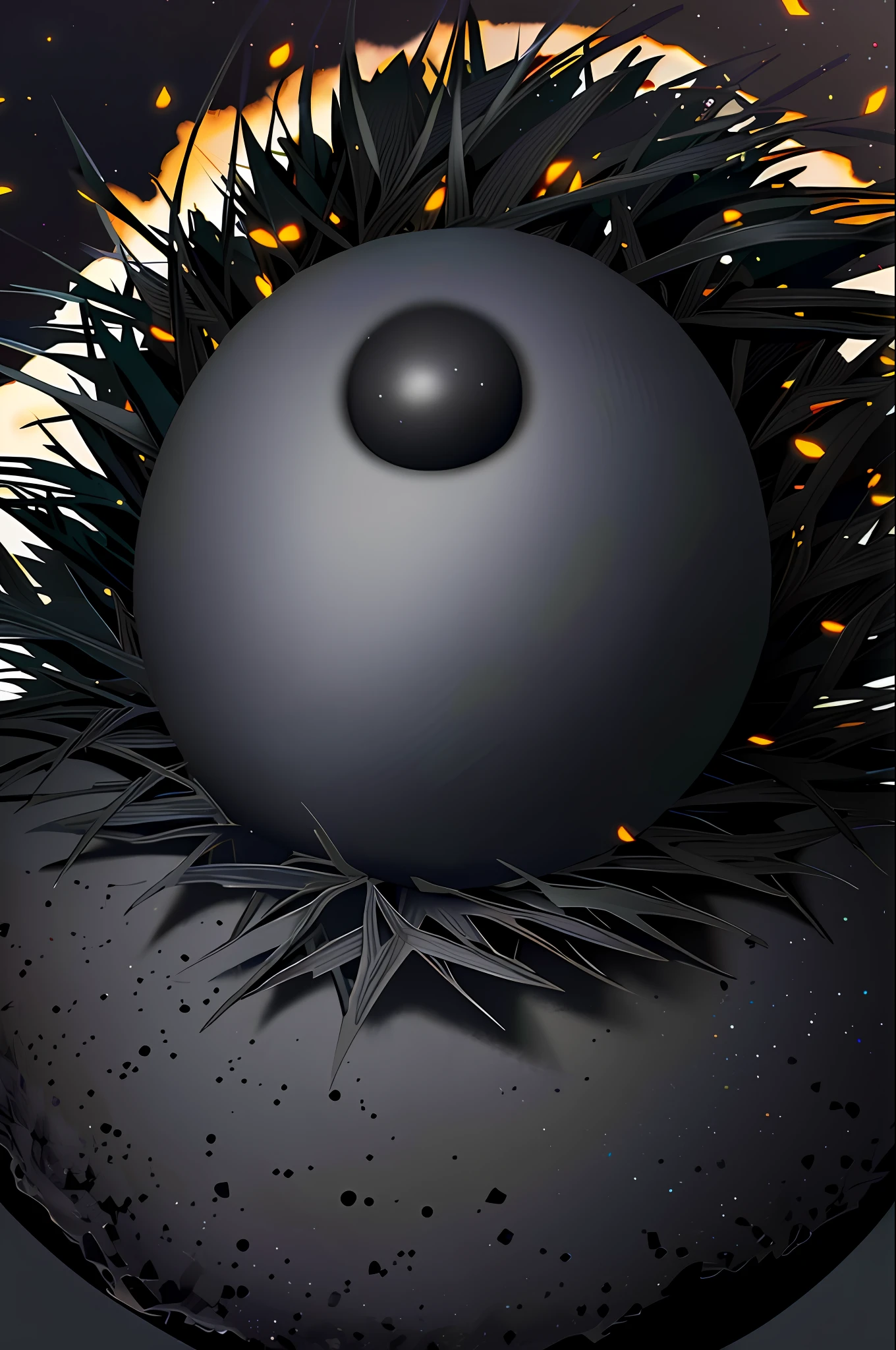 nature, detailed black, sea of black flowers, black sky, black sunset, breeze, falling leaves, cliff, realistic anthill, hemispherical looking from the sky