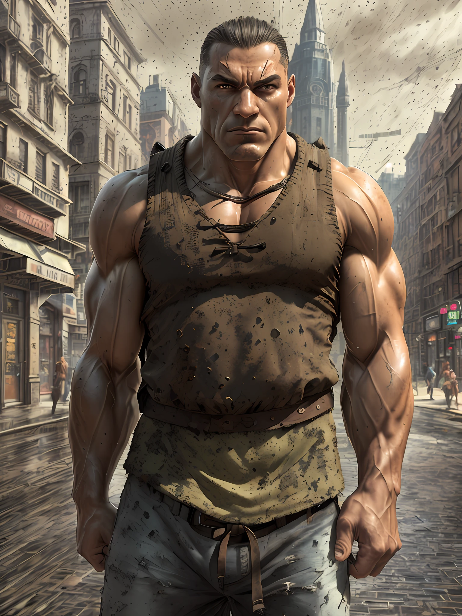 strong muscular man, street angry, backpack, epic realistic, photo, faded, complex stuff around, intricate background, soaking wet, neutral colors, ((((hdr)))), ((((muted colors)))), intricate scene, artstation, intricate details, vignette
