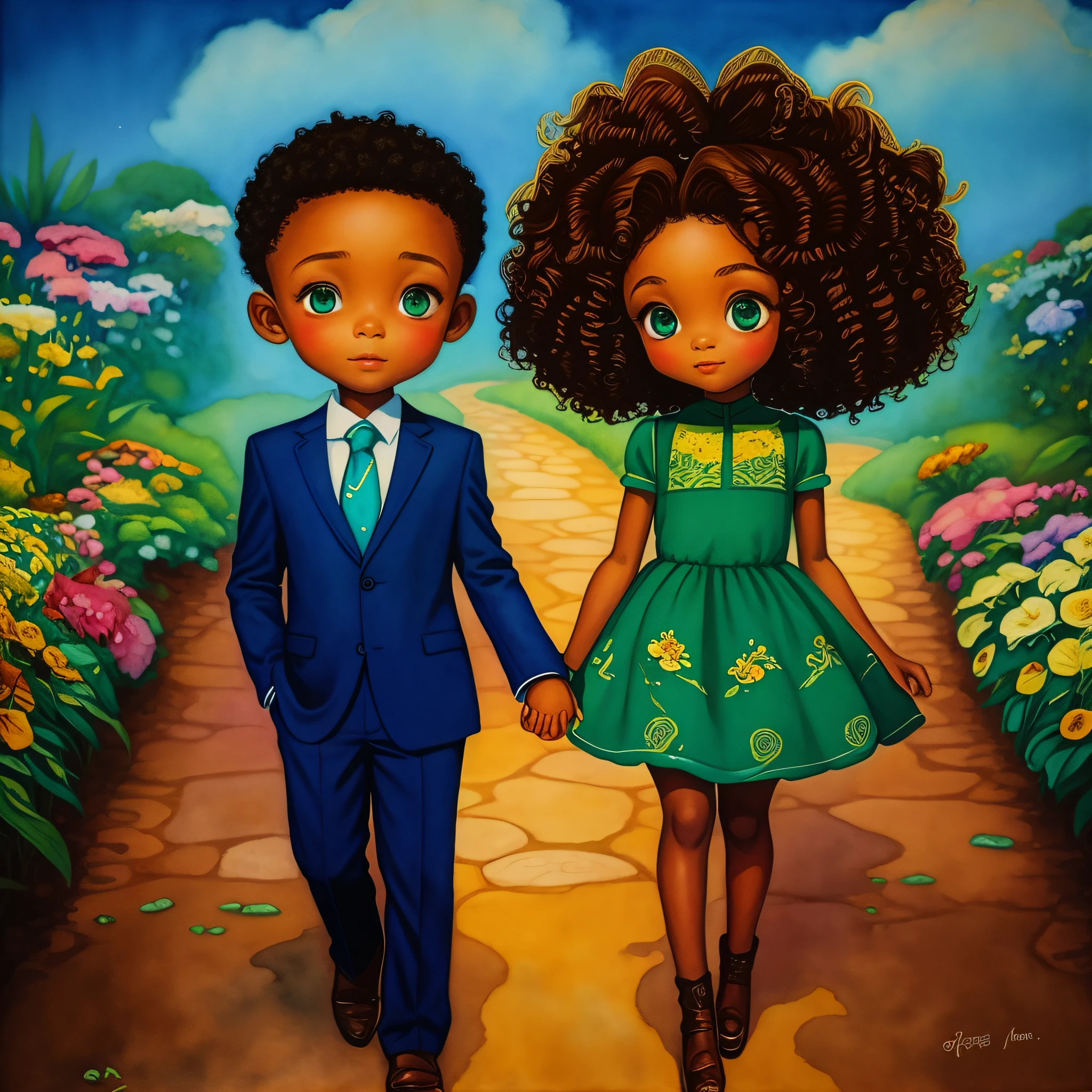 fine art print,cute African chibi couple holding hands,a cute (brown skin) chibi tiny girl with curly dark red hair and green eyes wearing a blue flowing dress outside in a flower garden,holding hands with a cute chibi tiny (brown skin) boy in a suit with curly black hair and black eyes wearing adventurers cloth,big eyes,detailed background,riot games illustration,pixar,loish,in the style of ida rentoul outhwaite,watercolors