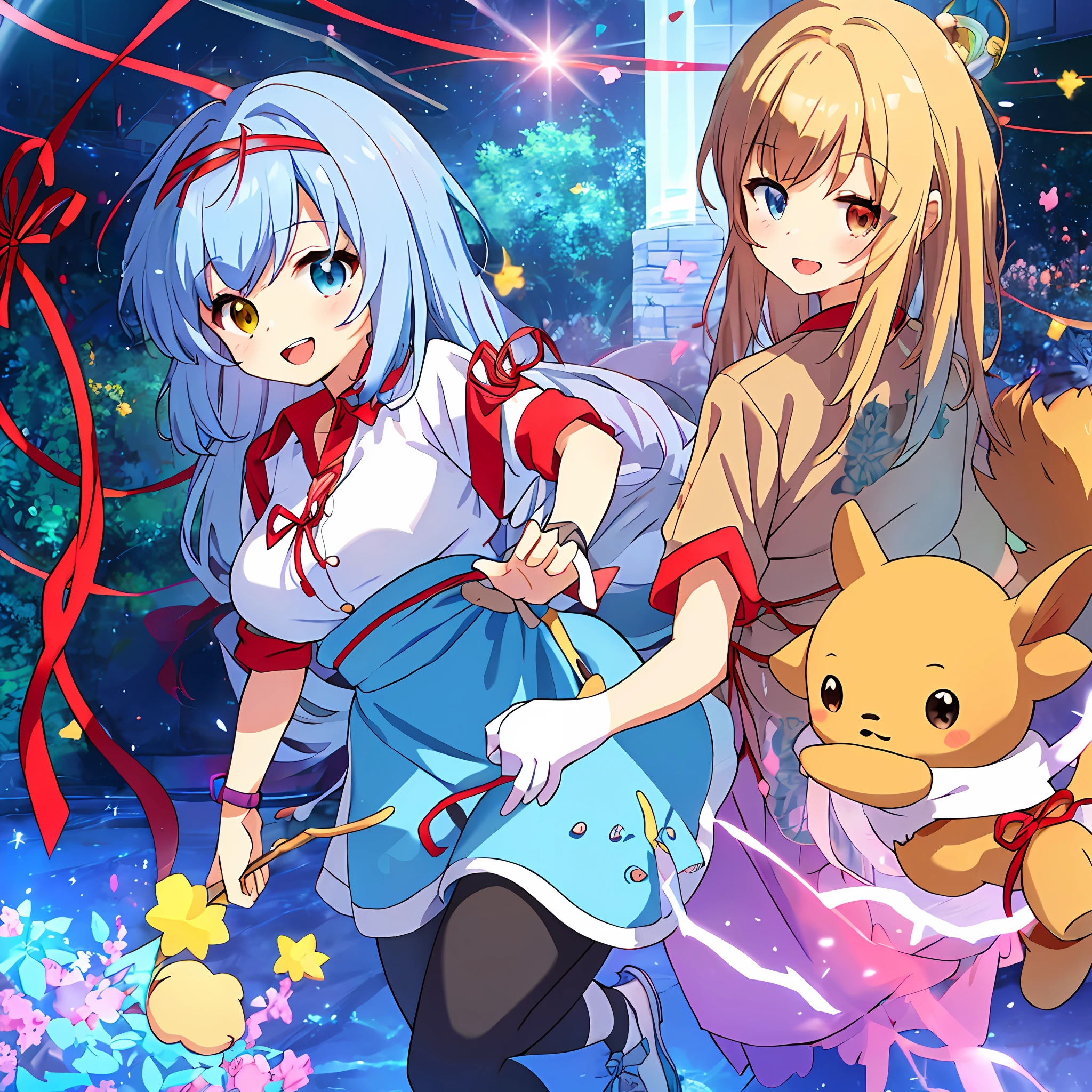 "Kyoto Animation" style anime illustration, highest quality, (cute: 1.1), (cute), (high resolution: 1.2), incredibly ridiculous: 1.3, incredibly fine illustration, cute girl, (heterochromia, light blue eyes and light green eyes), solo, standing figure, happy, :d, masterpiece, highest quality, absurdity, high resolution, official art, (cute: 1.8), ((Chibi character: 1.5)), Solo, (((light blue hair, side tail, red ribbon)), Thin hair, 1 beautiful girl, (Cute: 1.8), Caregiver, (Short sleeve plain red polo shirt, beige long pants)), watch the viewer, Front, Princess eyes, large breasts, Front view, Car driver's seat, cute sneakers, Deformed character