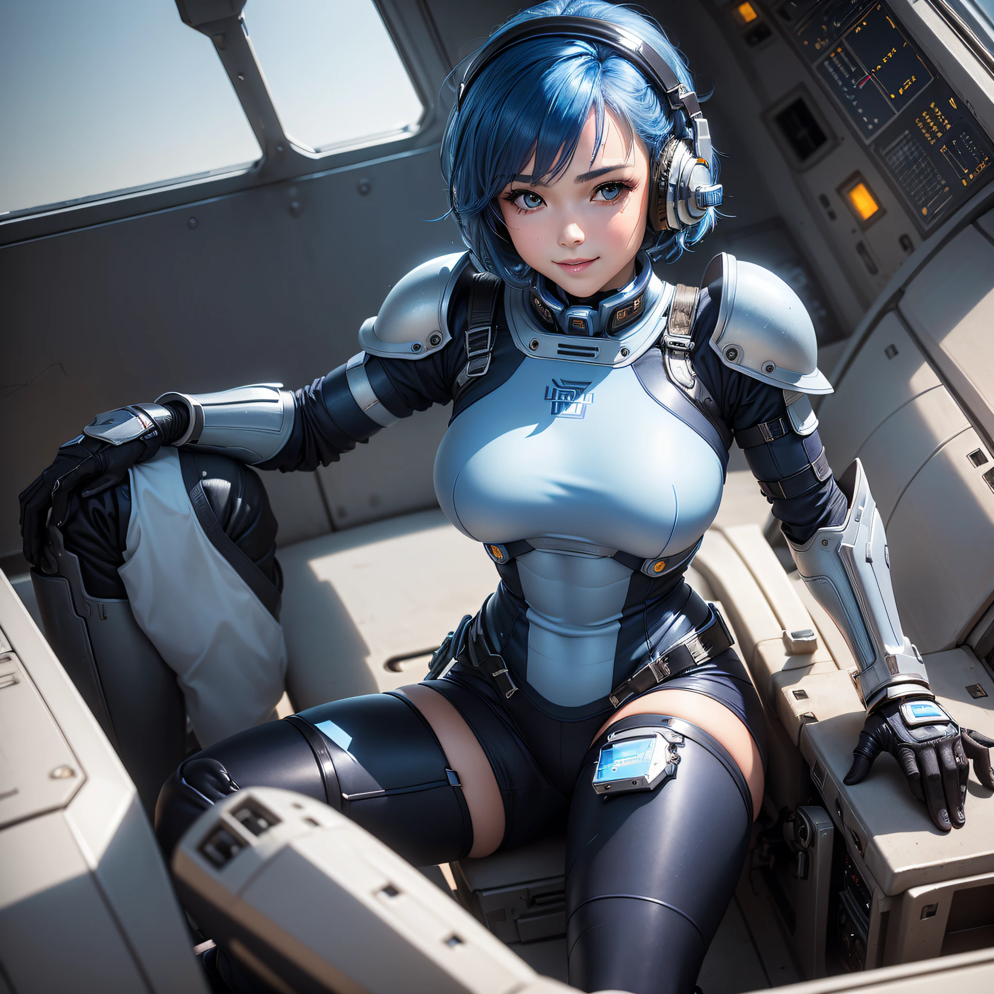 (masterpiece, highest quality, highest resolution, distinct_image, detailed details): (Solo, lone girl, face is Japan, blue haired girl, short hair, full body figure, see viewer, front-facing, small size breasts, sparkling blue colored eyes, pilot suit of metallic tone white and blue, black color color, tight fit clothes, clothes that cover the whole body, beauty, cuteness, light smile, blush, Slim body, exoskeleton, white and blue and black metal armor, heroine, arm-length gloves, headset, knee boots, sitting in the pilot's seat, detailed cockpit)