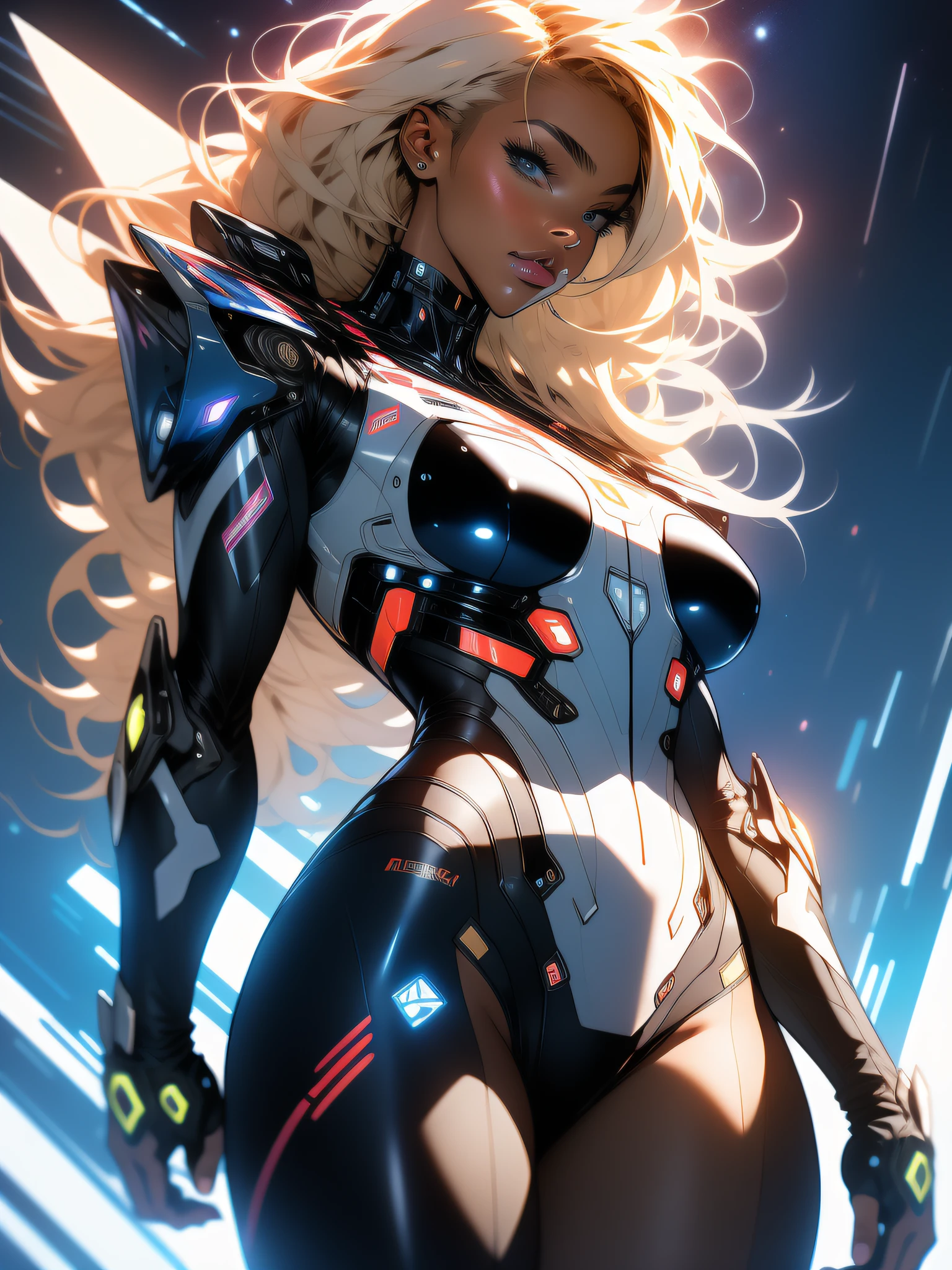 ((Best Quality)), ((Masterpiece)), (detailed: 1.4), (Absurd), Tank pilot black woman afro dark skin Australian aboriginal ready for war, shiny skin, perfect body, back, perfect ass, defined muscles, bare thick half-thick thighs, closed mouth, only in panties, include stars in clothing, muscular body covered by technological clothing, Neon Genesis Evangelion style, cyberpunk, generous neckline,  ((perfect large breasts)), (blue eyes without pupils), ((clothing in the colors of the Australian flag)), (((afro black power blonde hair)))), (thin stripes covering the breasts), (Psychedelic tattoo on the arms), ((drawings of a devil on the arms)), Australia, short underwear, garter belt, by mucha, niji --V5, close to real, psychopathic, crazy face, sexy pose, background with a giant Gundam-style Robot head,  2 piece clothing, shoulder pads with airplane wings, pastel, centered, scale to fit dimensions, HDR (High Dynamic Range),Ray Tracing,NVIDIA RTX,Super-Resolution,Unreal 5,Subsurface dispersion, PBR texture, Post-processing, Anisotropic filtering, Depth of field, Maximum clarity and sharpness, Multilayer textures, Albedo and specular maps, Surface shading, Accurate simulation of light-material interaction, Perfect proportions,  Octane Render, Two-tone lighting, Wide aperture, Low ISO, White balance, Rule of thirds, 8K RAW, crysisnanosuit