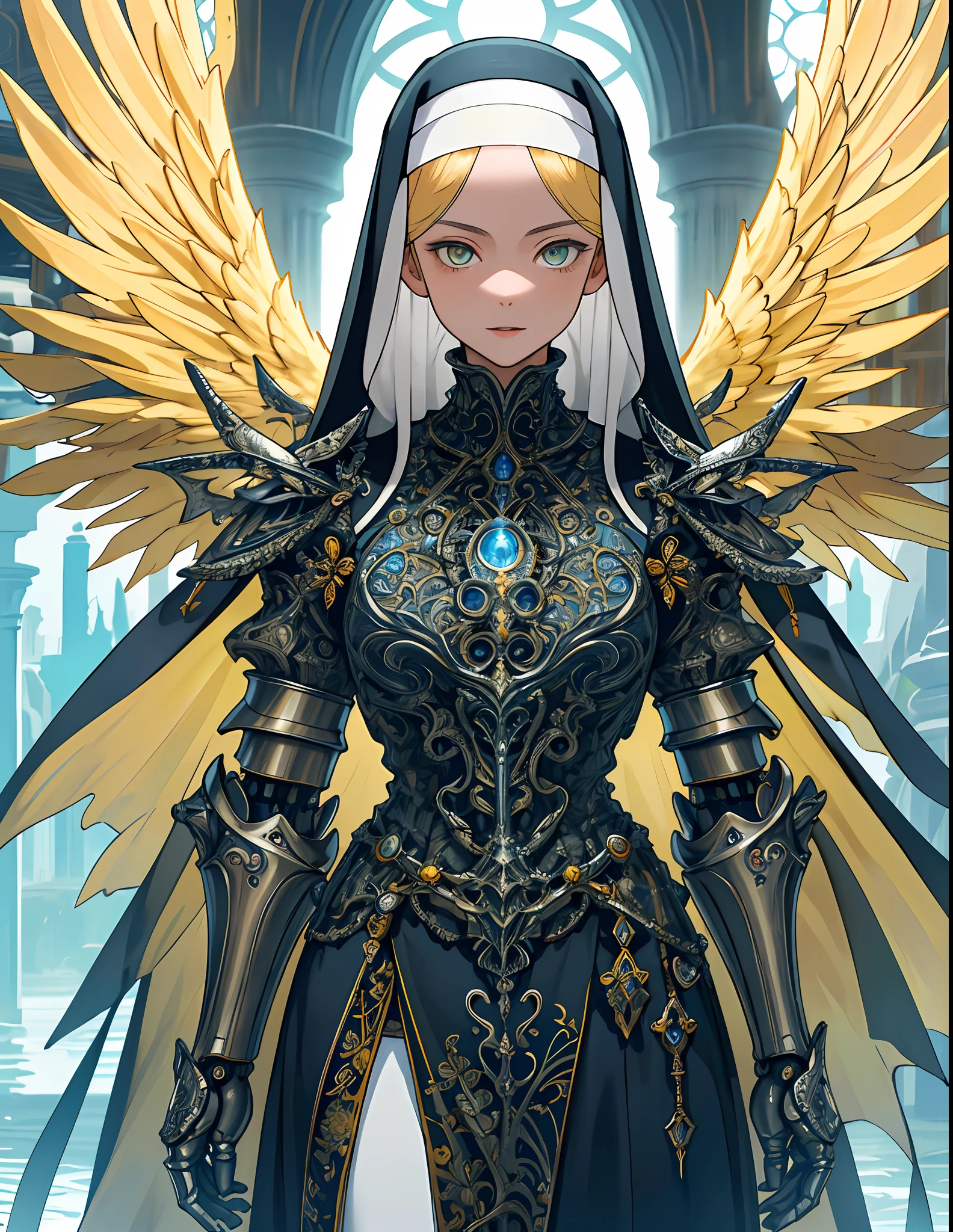 ((raw photo)), ((masterpiece)), anthropomorphic humanoid AngelGirl wearing nun's armor, intricate detail, futobot, intricate Greebles pieces, sea behind, yellow wings, beautiful, detailed eyes and lips