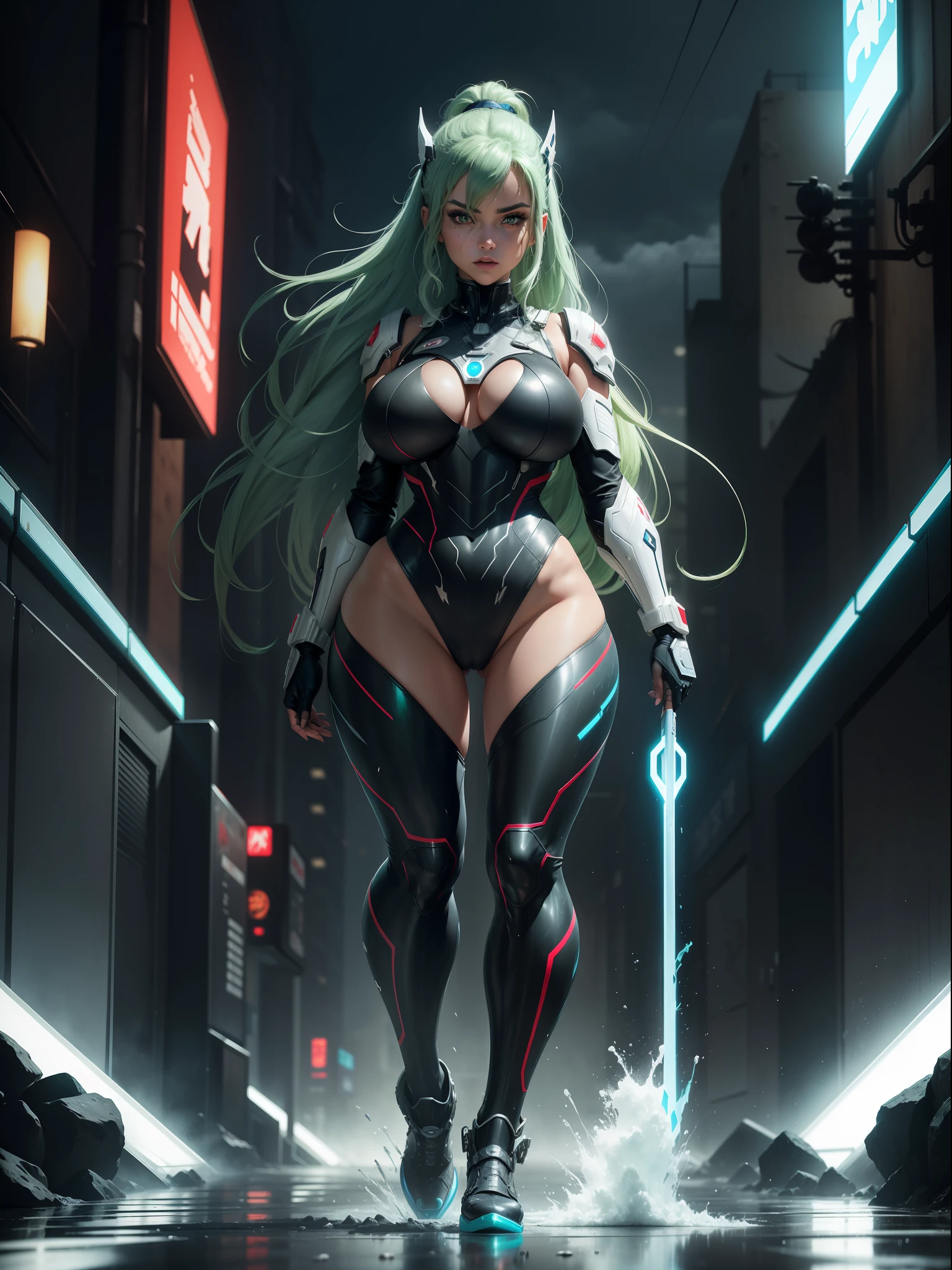 (full body photo/standing/foot on the ground),((Luana/Woman has large breasts, black with white parts/ninja costume/Ultraman/futuristic/blue jewelry on the breastplate, extremely tight on the body)). Luana is in a futuristic city with heavy rain, clouds charged in the sky. Luana has ((green hair, blue eyes)), her hair and her clothes are soaked, her clothes are transparent, she is staring at the viewer, from the front, anime, anime style, Mortal Kombat, 16k, UHD, best quality, high quality, award winning, anatomically correct, masterpiece