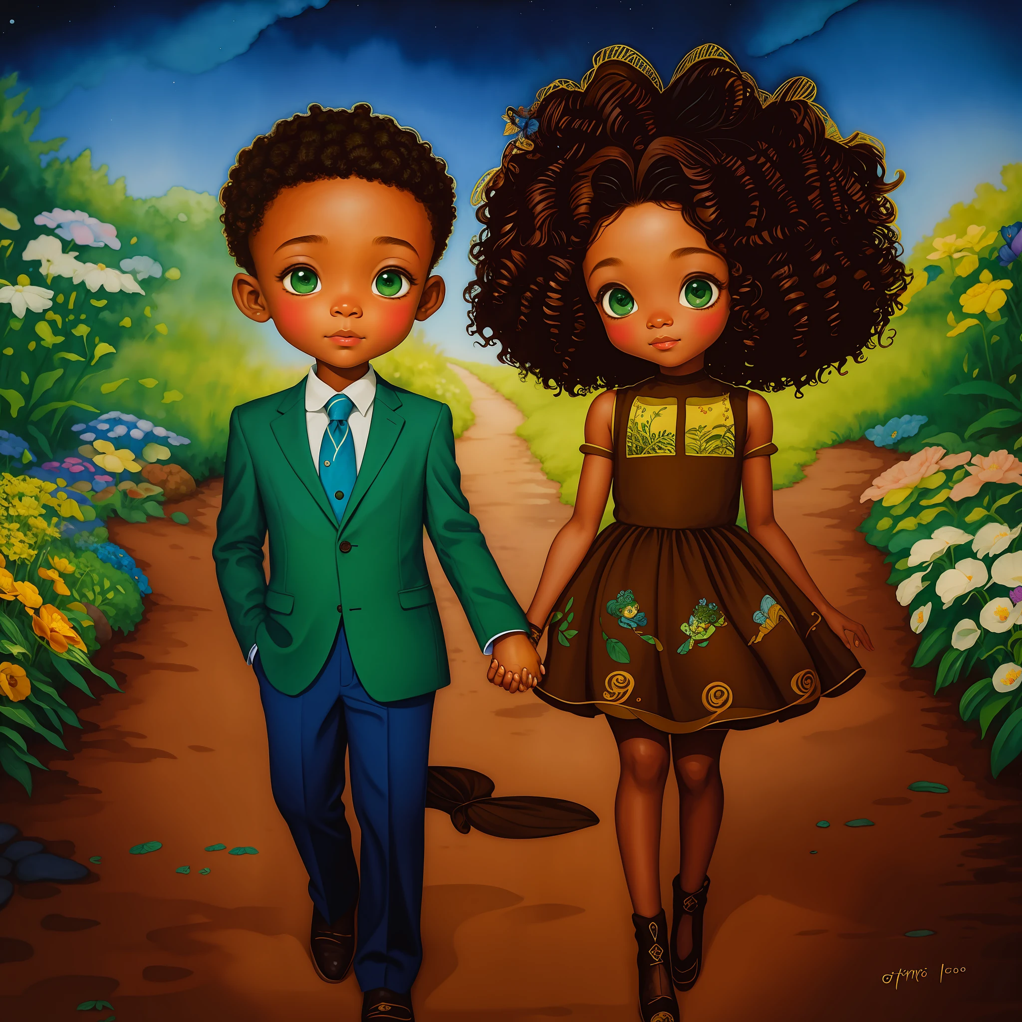 fine art print,cute African chibi couple holding hands,a cute (brown skin) chibi tiny girl with curly dark red hair and green eyes wearing a blue flowing dress outside in a flower garden,holding hands with a cute chibi tiny (brown skin) boy in a suit with curly black hair and black eyes wearing adventurers cloth,big eyes,detailed background,riot games illustration,pixar,loish,in the style of ida rentoul outhwaite,watercolors