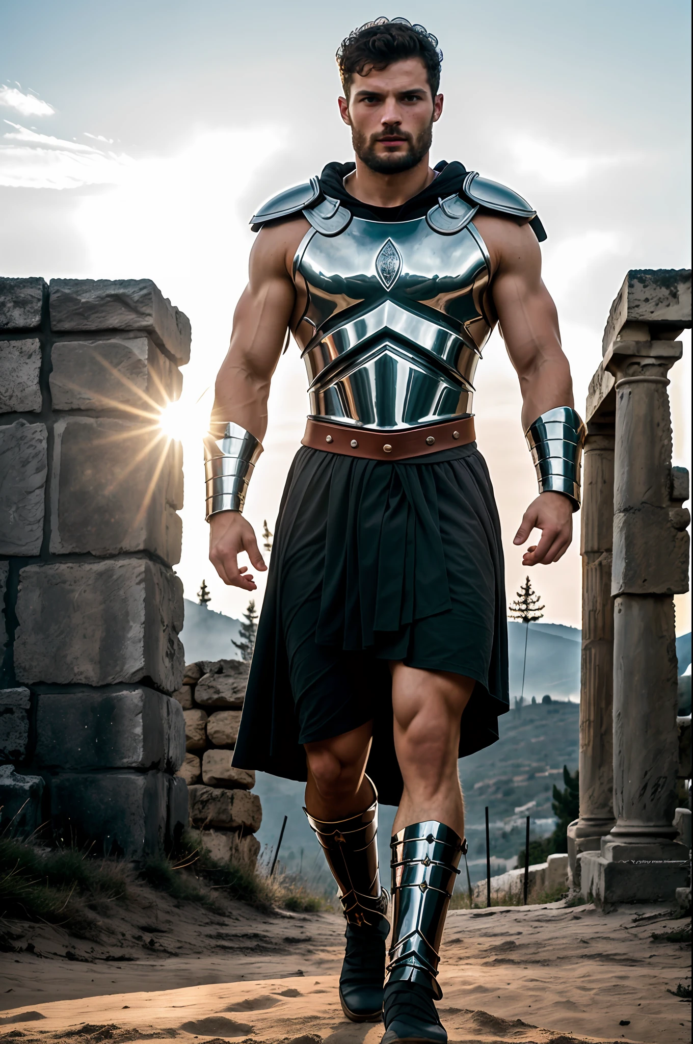 create a Gladiator), Greek God style, wearing Spartan armor, strong and muscular, Jamie Dornan, strong and muscular, (Moreno with model face), wearing dark beard, dark short hair, man similar to actor jamie dornan, (high quality and realistic image), sparta city background, cinematic style, ((Best quality, 8k, Masterpiece).