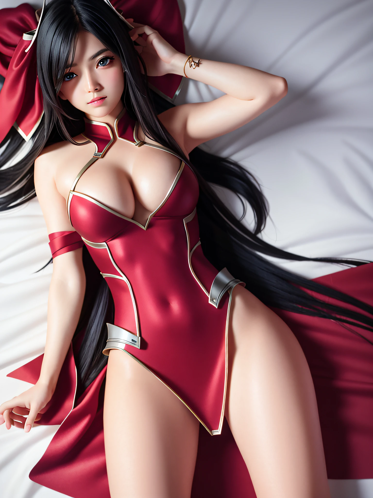 Highly detailed, High Quality, Masterpiece, beautiful, sharp focus,  shiny skin,  medium breasts, irelia lying on back, on bed, ribbon, arm ribbon, armor, blue eyes, ulzzang-6500-v1.1