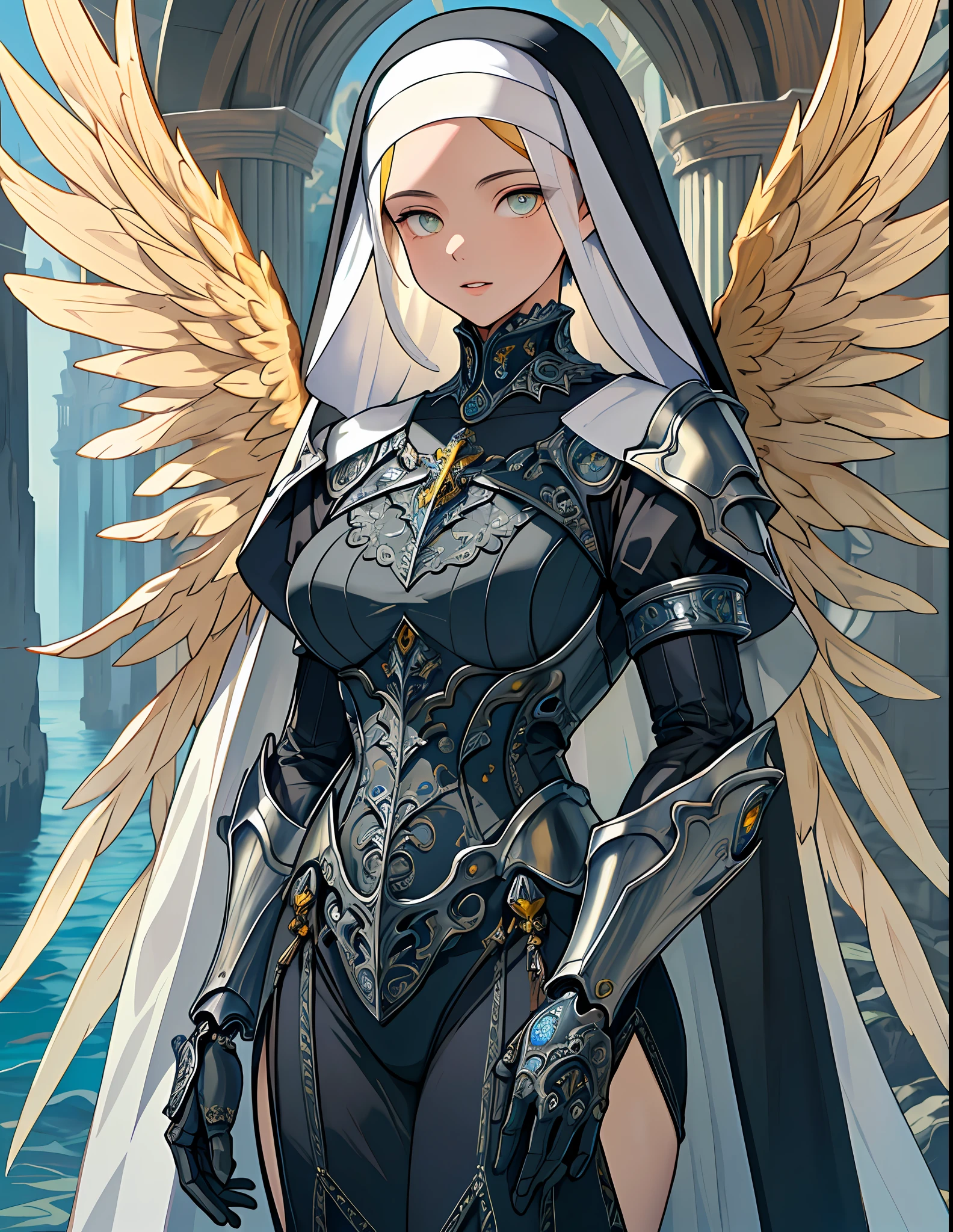 ((raw photo)), ((masterpiece)), anthropomorphic humanoid AngelGirl wearing nun's armor, intricate detail, futobot, intricate Greebles pieces, sea behind, yellow wings, beautiful, detailed eyes and lips