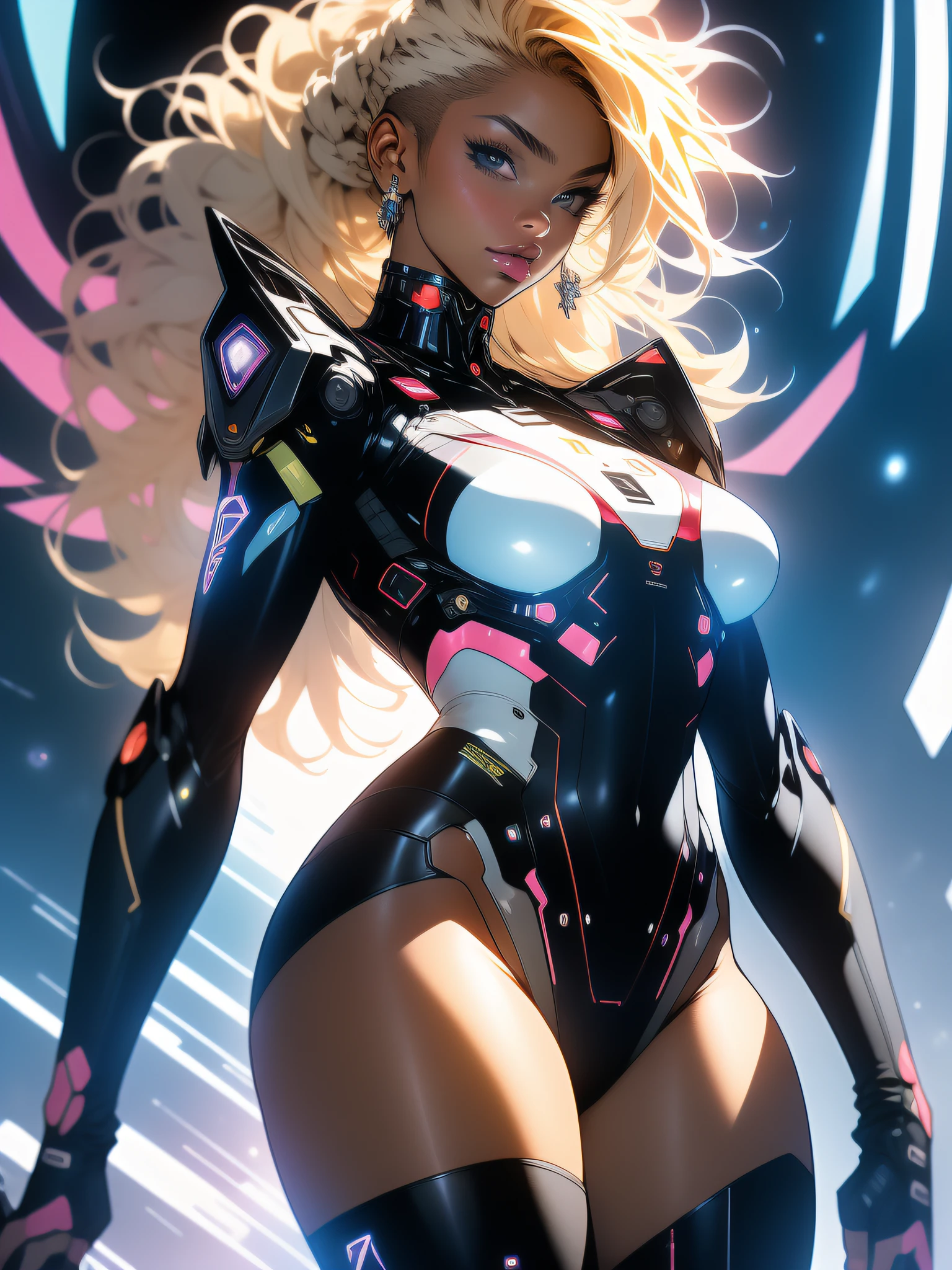 ((Best Quality)), ((Masterpiece)), (detailed: 1.4), (Absurd), Tank pilot black woman afro dark skin Australian aboriginal ready for war, shiny skin, perfect body, back, perfect ass, defined muscles, bare thick half-thick thighs, closed mouth, only in panties, include stars in clothing, muscular body covered by technological clothing, Neon Genesis Evangelion style, cyberpunk, generous neckline, ((perfect large breasts)), (blue eyes without pupils), ((clothing in the colors of the Brazilian flag)), (((afro black power blonde hair)))), (thin stripes covering the breasts), (Psychedelic tattoo on the arms), ((drawings of a devil on the arms)), short underwear, garter belt, by mucha, niji --V5, close to the real, psychopathic, crazy face, sexy pose, background with a giant Gundam-style Robot head, 2 piece clothing, shoulder pads with airplane wings, pastel, centered, scale to fit dimensions, HDR (High Dynamic Range),Ray Tracing,NVIDIA RTX,Super-Resolution,Unreal 5,Subsurface dispersion, PBR texture, Post-processing, Anisotropic filtering, Depth of field, Maximum clarity and sharpness, Multilayer textures, Albedo and specular maps, Surface shading, Accurate simulation of light-material interaction, Perfect proportions, Octane Render, Two-tone lighting, Wide aperture, Low ISO, White balance, Rule of thirds, 8K RAW, crysisnanosuit