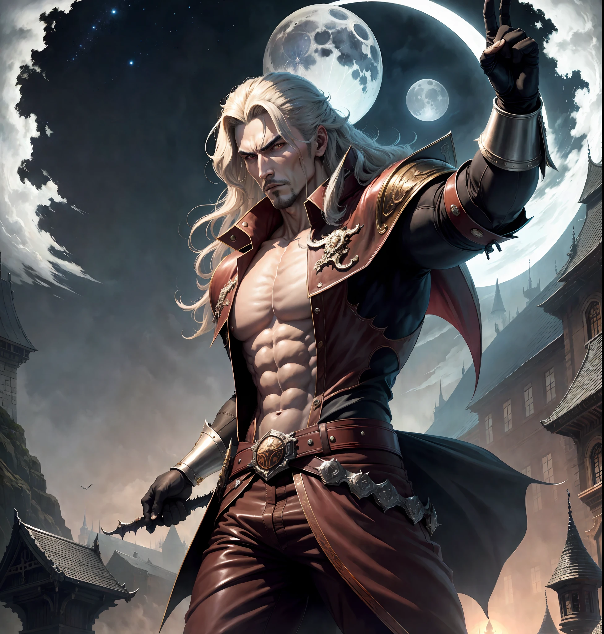 masterpiece, high quality, highres,absurdres, finely detail,manga,
castlevania,vampire killer,man,handsome,strong,warrior,starp,fighting stance,night,moon,castle,bats,art by kim hyung tae,