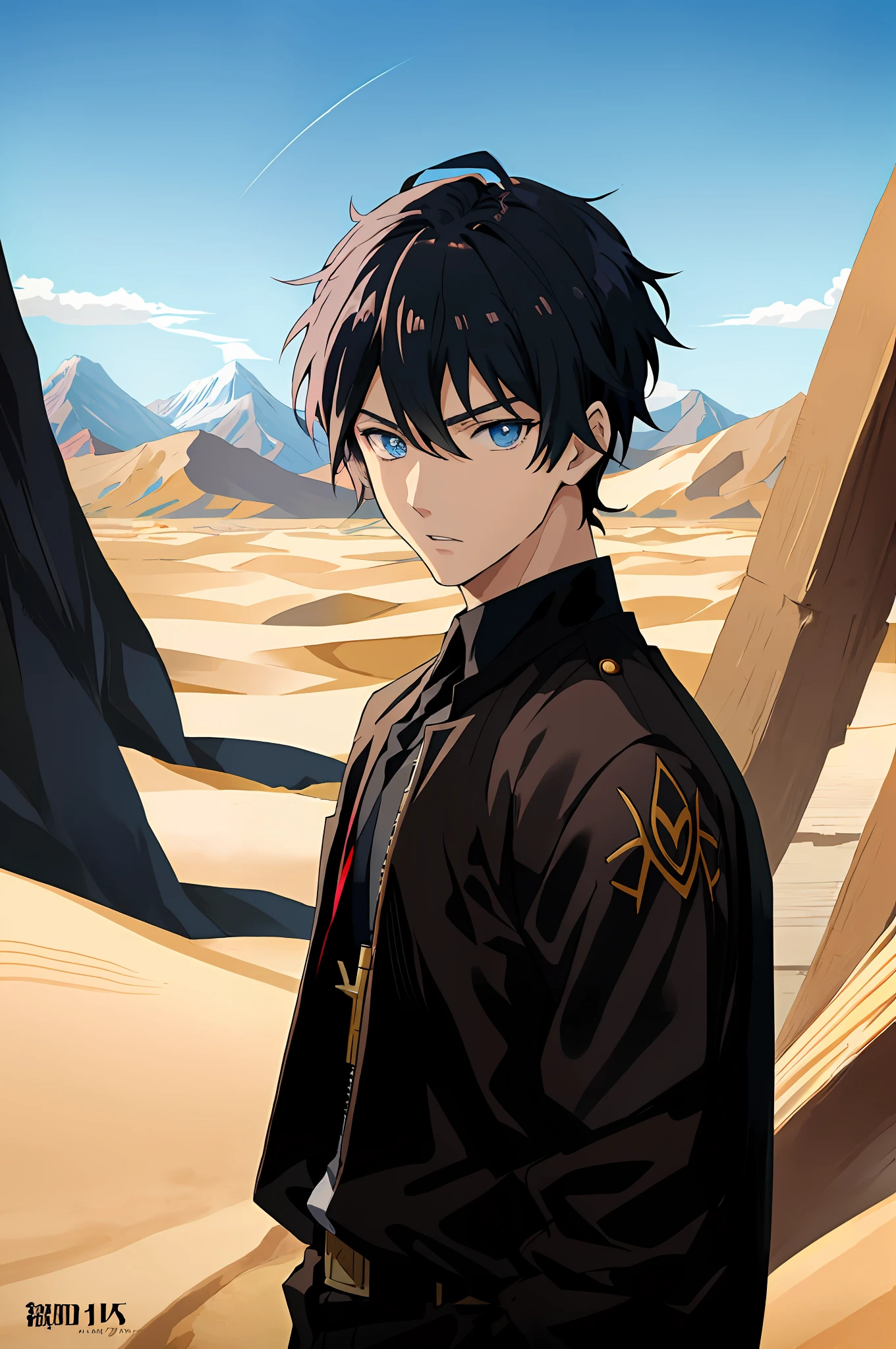 anime boy in black jacket standing in desert area with mountains in background, handsome guy in demon slayer art, official art, official illustration, tall anime guy with blue eyes, young anime man, anime portrait of a handsome man, 4 k manga wallpaper, badass anime 8 k, key visual, handsome anime pose, anime handsome man, key anime art