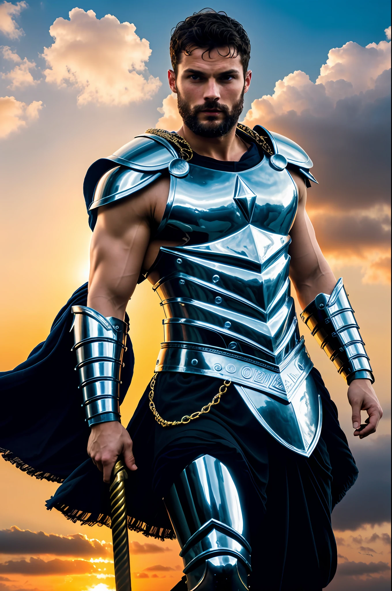 create God Zeus Gladiator), flying in the sky, strong and muscular, wearing armor and dark blue tunic, Jamie Dornan, (Moreno with model face), wearing dark beard, dark short hair, man similar to actor jamie dornan, (high quality and realistic image), sky background of Greece, cinematic style, ((Best quality, 8k, Masterpiece).