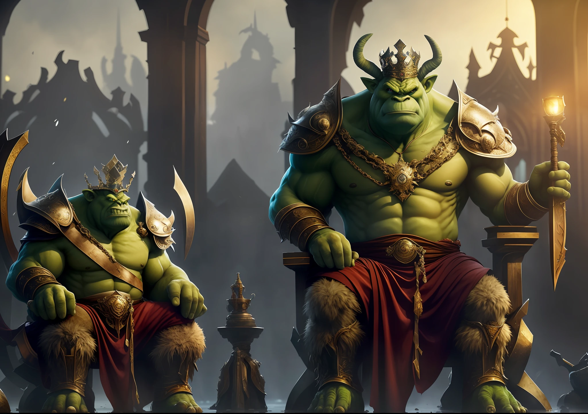 an old ogre king sitting on the throne in the heart of the city of Glas, the throne is a very damp place full of puddles and leaks, royal, intimidating, ornate armor, royal crown, blurry background, natural lighting, short hair twintails, Looking_at_viewer, solo, highly detailed 8k