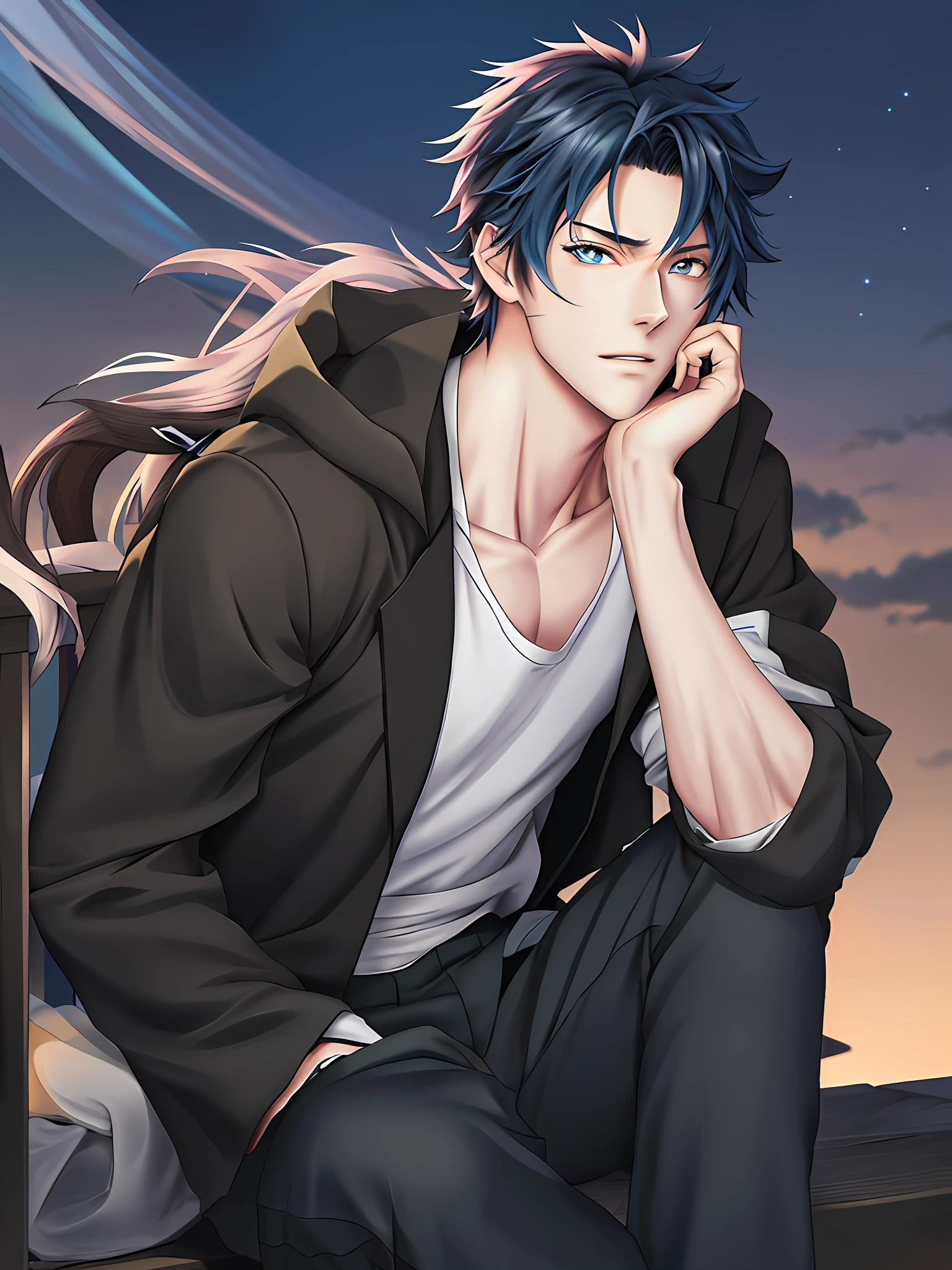 anime guy sitting on a ledge with his hand on his chin, tall anime guy with blue eyes, handsome guy in demon slayer art, anime handsome man, handsome anime pose, anime portrait of a handsome man, male anime style, young anime man, handsome japanese demon boy, male anime character, kentaro miura manga art style, digital anime illustration