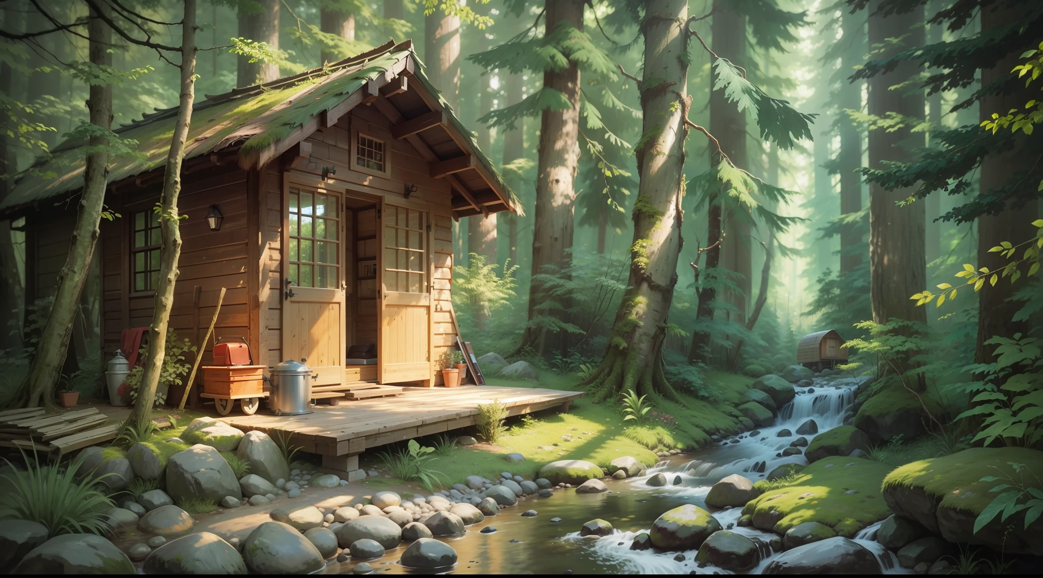 small modern hut in the forest, creek next to the hut, wood mound, axe