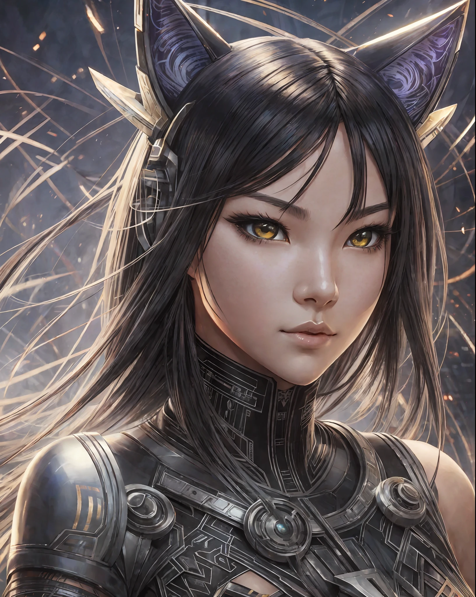 a beautiful portrait of an asian cyberpunk Nekomata catgirl, asian eyes, cat ears, perfect female anatomy, beautiful and elegant, black organic shaped lacework ceramic cyberpunk armor, painted by Sakimichan, H.R. Giger, Luis Royo, Alphonse Mucha, artgerm + hyper details + concept futuristic style + cinematic lights + photo bashing + epic cinematic + octane render + extremely high detail + legendary aesthetic + realism + hyper details + depth of field + cinematic lighting + sharp focus + denoise + octane render + arnold render + vfx + post processing + 8k --auto --s2