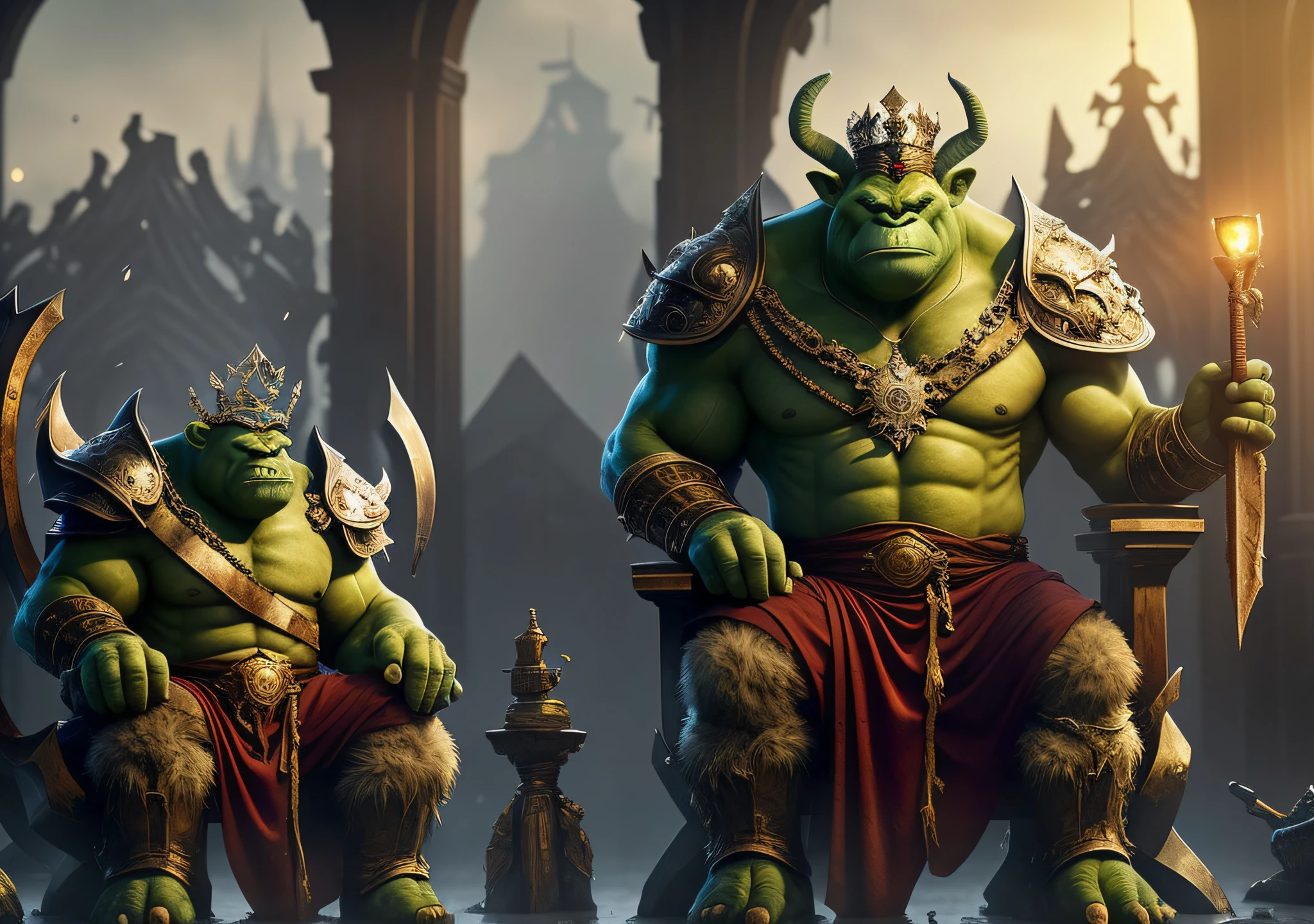 an old ogre king sitting on the throne in the heart of the city of Glas, the throne is a very damp place full of puddles and leaks, royal, intimidating, ornate armor, royal crown, blurry background, natural lighting, short hair twintails, Looking_at_viewer, solo, highly detailed 8k