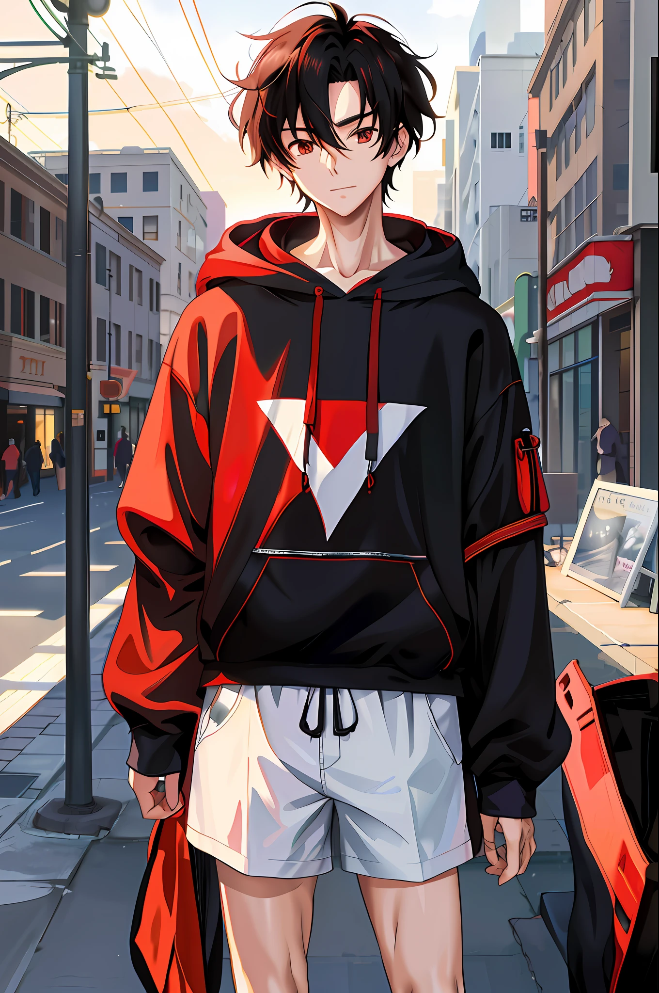 anime - style image of a man in a red and black hoodie and shorts, anime style 4 k, anime style. 8k, high quality anime artstyle, anime art wallpaper 8 k, young anime man, 4k anime wallpaper, male anime style, anime artstyle, digital anime illustration, anime style character, modern anime style, clean detailed anime style