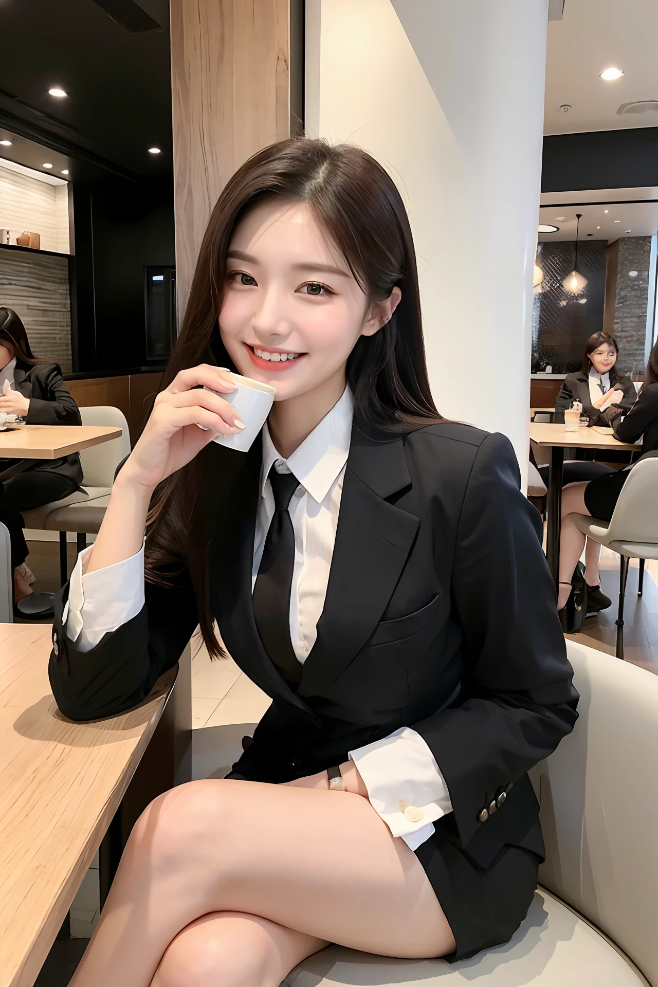(8k, RAW photos, highest quality, masterpiece: 1.2). (Realistic, Photorealistic: 1.37), A beautiful girl in business attire is sitting in a crowded café, holding a coffee cup. Surrounded by many people sitting chatting and having fun. The girl looks very confident and attractive, with a relaxed and relaxed attitude. The girl's business attire is very polite and suitable for the café space. She sits alone, but still looks very comfortable and delighted in the lively atmosphere of the café. While drinking coffee, the girl smiled broadly and looked around, enjoying her relaxing moment. Overall, this girl looks very beautiful and charming in business attire and café environment. huge chest, slender waist, wide hips, thick thighs, hourglass body