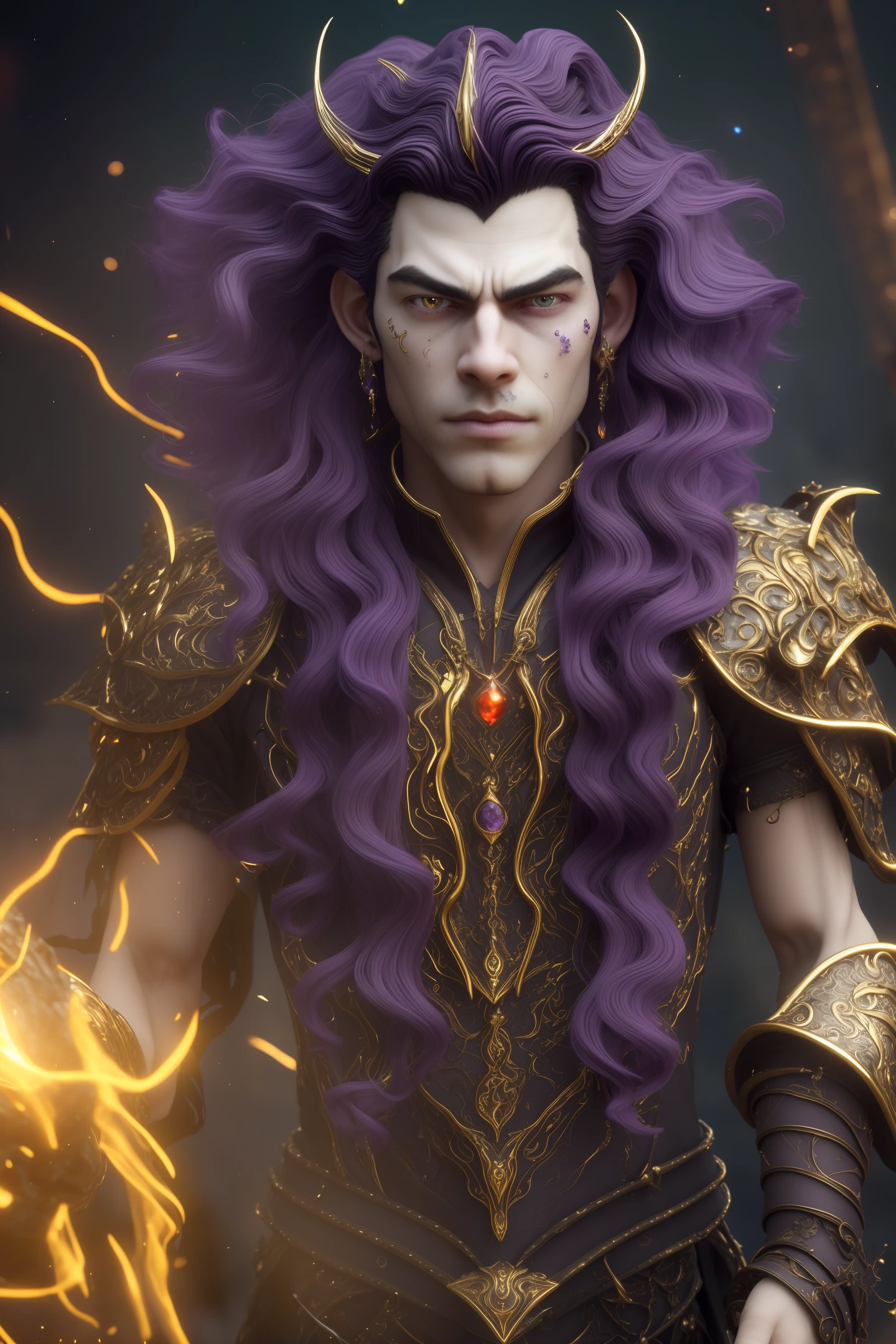 black background:1.2), golden light, starlight,(fractal art:1.2), (ultra high res, photorealistic, realistic, best quality, photo-realistic), (masterpiece), (best quality:1.4), full body, 1man, jewelry, hair over one eye, bracelet, black hair, pattern on zodiac background with Knight of Aquarius dressed, long single braid, ring, circlet, necklace, armlet, looking at viewer, lips, blue eyes, bare shoulders, parted lips, hair ornament, Aquarius symbol, realistic fantasy, full portrait body, beautiful and powerful, rim light, DSLR, portrait lens, captivating, enchanting, mythical, detailed full portrait, beauty and strength, mirrorless, prime lens, mesmerizing, color film, ethereal, realistic fantasy, intricate details, smartphone, standard lens, morning, powerful, reflection background, digital, close-up head, facing camera, realistic digital painting portrait of a gothic male blood elf, (curly gray hair:1.1), (purple hair:1.3), magical dark and red universe, magic cloth armor with red and yellow engrave in intricate details, (abstract background:1.2), (light particle:1.1), (very detailed skin:1.2), (game concept:1.3), (elden ring style:1.3), (arcane style:0.8), (depth of field:1.3), global illumination, art by hoang lap and fuji hoko and artgerm and greg rutkowski and viktoria gavrilenko, Nero Light, bioluminescence, translucidluminescence, art glass, real-time reflections, semi-realistic, photorealism, ultra-detail.