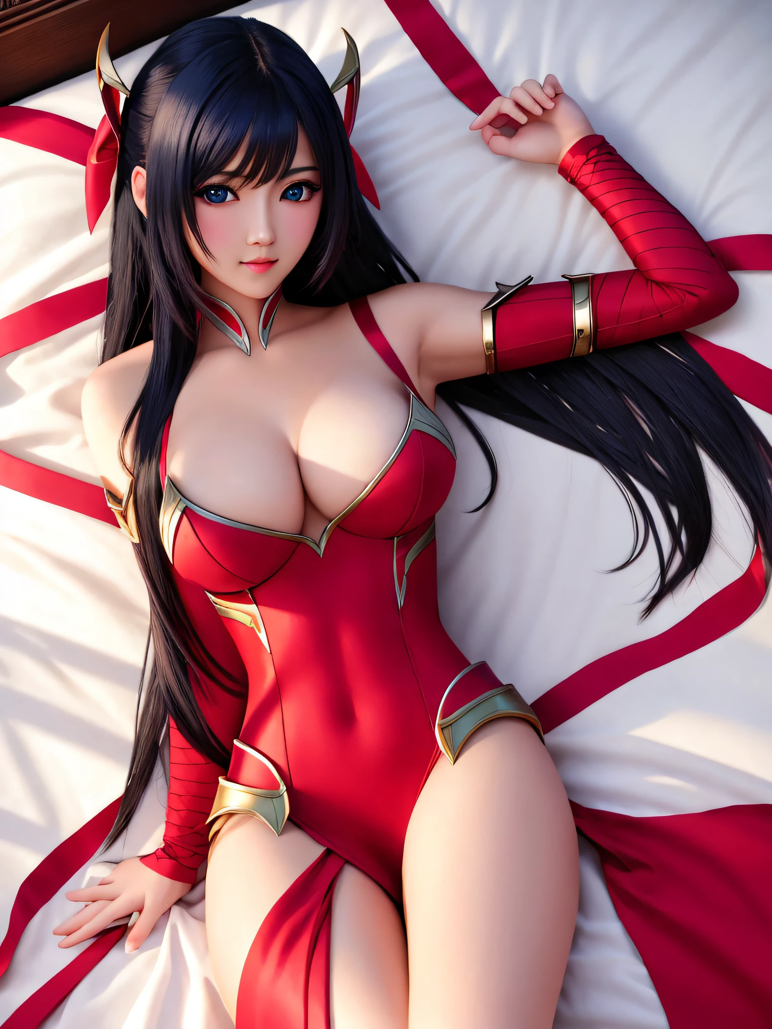 Highly detailed, High Quality, Masterpiece, beautiful, sharp focus, shiny skin, medium breasts, irelia lying on back, on bed, ribbon, arm ribbon, armor, blue eyes, ulzzang-6500-v1.1