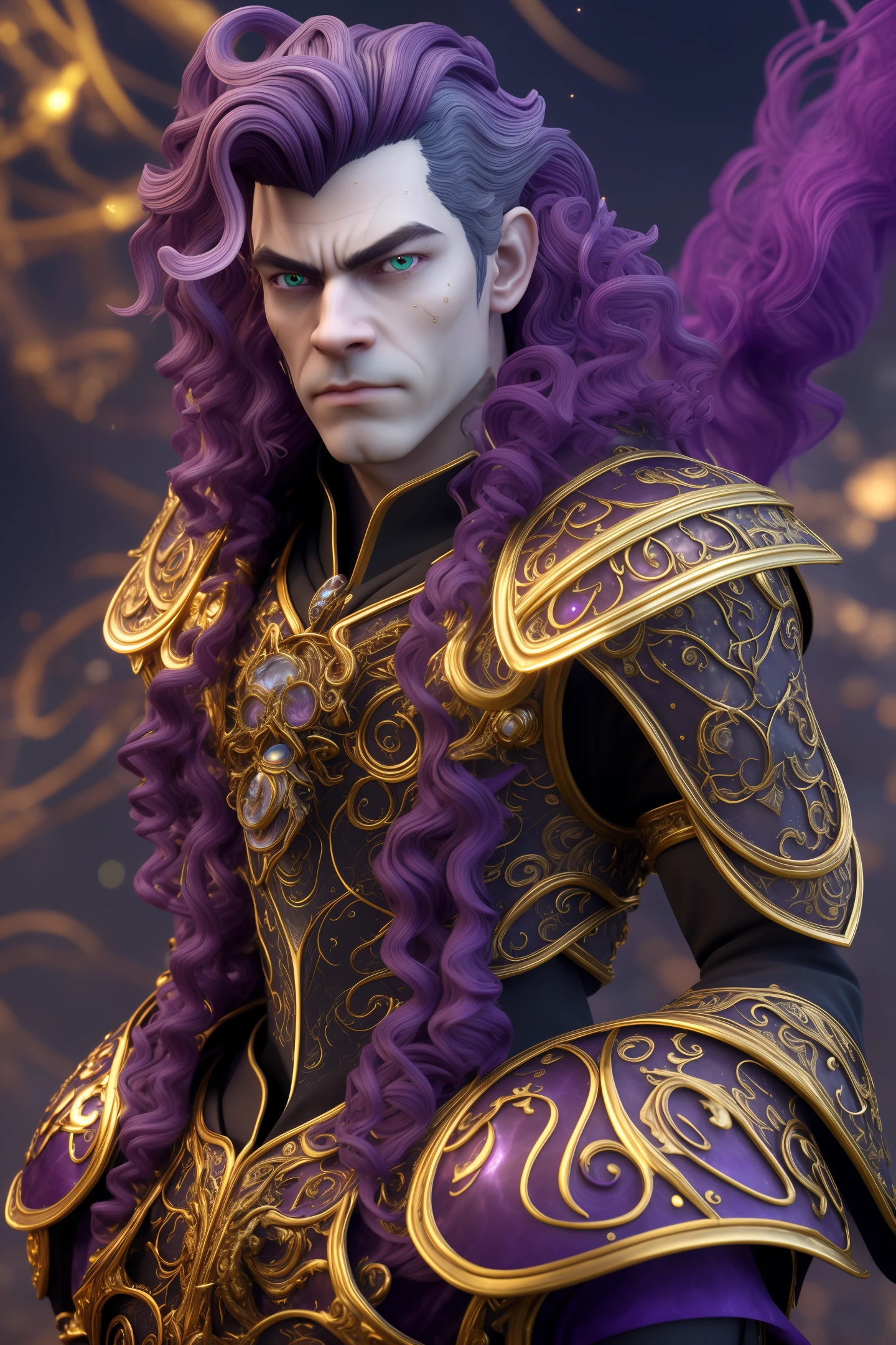 black background:1.2), golden light, starlight,(fractal art:1.2), (ultra high res, photorealistic, realistic, best quality, photo-realistic), (masterpiece), (best quality:1.4), full body, 1man, jewelry, hair over one eye, bracelet, black hair, pattern on zodiac background with Knight of Aquarius dressed, long single braid, ring, circlet, necklace, armlet, looking at viewer, lips, blue eyes, bare shoulders, parted lips, hair ornament, Aquarius symbol, realistic fantasy, full portrait body, beautiful and powerful, rim light, DSLR, portrait lens, captivating, enchanting, mythical, detailed full portrait, beauty and strength, mirrorless, prime lens, mesmerizing, color film, ethereal, realistic fantasy, intricate details, smartphone, standard lens, morning, powerful, reflection background, digital, close-up head, facing camera, realistic digital painting portrait of a gothic male blood elf, (curly gray hair:1.1), (purple hair:1.3), magical dark and red universe, magic cloth armor with red and yellow engrave in intricate details, (abstract background:1.2), (light particle:1.1), (very detailed skin:1.2), (game concept:1.3), (elden ring style:1.3), (arcane style:0.8), (depth of field:1.3), global illumination, art by hoang lap and fuji hoko and artgerm and greg rutkowski and viktoria gavrilenko, Nero Light, bioluminescence, translucidluminescence, art glass, real-time reflections, semi-realistic, photorealism, ultra-detail.