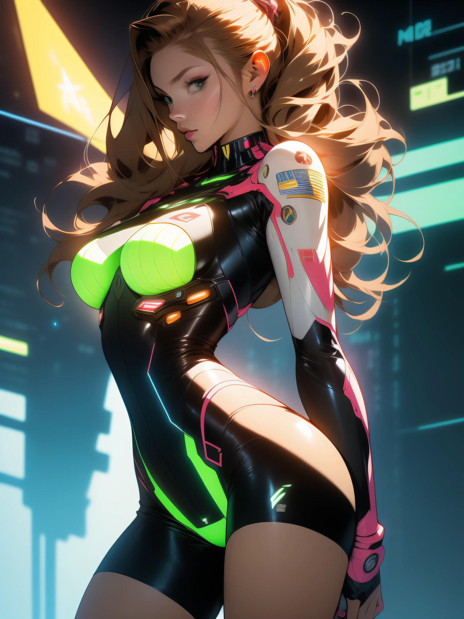 ((Best quality)), ((masterpiece)), (detailed: 1.4), (Nonsense), Tank pilot woman ready for war, shiny skin, perfect body, back, perfect ass, defined muscles, half thick bare thighs, closed mouth, only in panties, include stars in clothing, muscular body covered by technological clothing, Neon Genesis Evangelion style and Honor Impact, cyberpunk, generous neckline, ((perfect large breasts)), (green eyes without pupils), ((clothing in the colors of the flag of Ukraine)), (((light brown hair)))), (thin stripes covering the breasts), (Psychedelic tattoo on the arms), ((circuit drawings)), short underwear, garter belt, by mucha, niji --V5, close to real, psychopath, crazy face, sexy pose, background with a giant Gundam style robot head, 2 pieces outfit, shoulder pads with airplane wings, pastel, centered, scale to fit dimensions, HDR (High Dynamic Range),Ray Tracing,NVIDIA RTX,Super-Resolution,Unreal 5,Subsurface dispersion, PBR texture, Post-processing, Anisotropic filtering, Depth of field, Maximum clarity and sharpness, Multilayer textures, Albedo and specular maps, Surface shading, Accurate simulation of light-material interaction, Perfect proportions, Octane Render, Two-tone lighting, Wide aperture, Low ISO, White balance, Rule of thirds, 8K RAW, crysisnanosuit