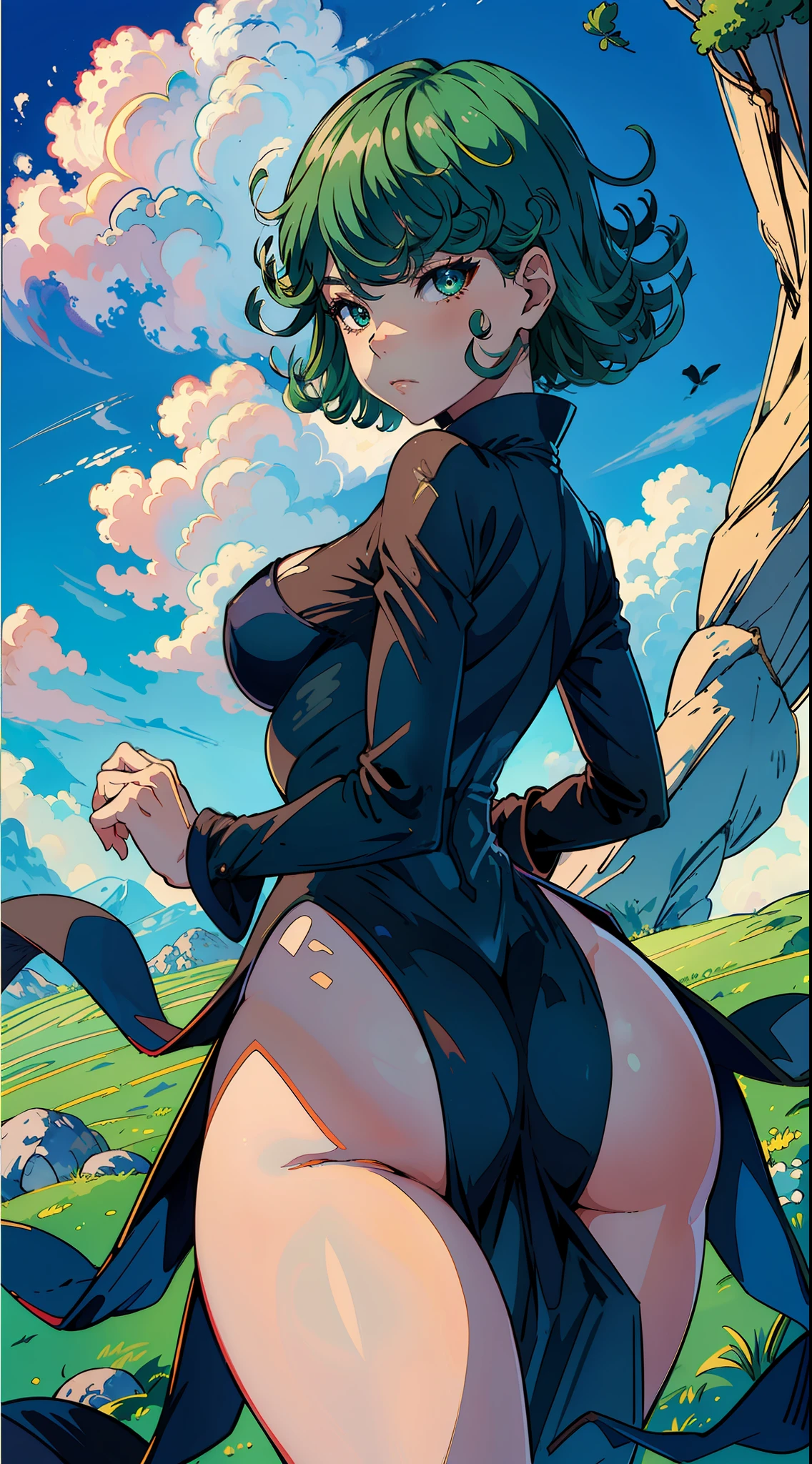 (masterpiece, best quality:1.2), cowboy shot, solo, 1girl, tatsumaki, lustful, closed mouth, looking at the viewer, ass, wide hips, black dress, transparent dress, blue sky, clouds, erotica, green aura