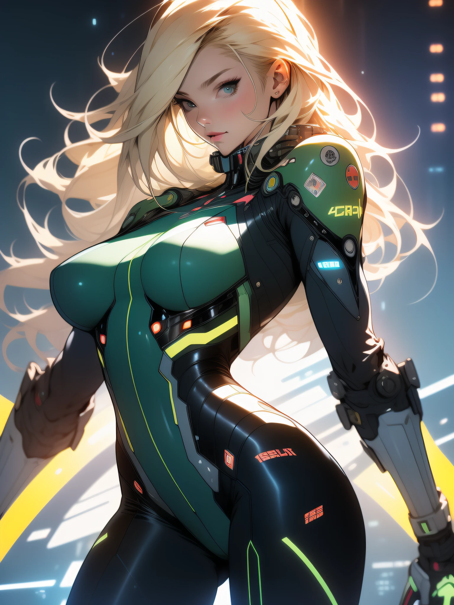 ((Best quality)), ((masterpiece)), (detailed: 1.4), (Nonsense), Tank pilot woman ready for war, shiny skin, perfect body, defined muscles, half thick bare thighs, closed mouth, only in panties, include stars in clothing, muscular body covered by technological clothing, Neon Genesis Evangelion style and Honor Impact, cyberpunk, generous neckline, ((perfect large breasts)), (green eyes without pupils),  ((clothing in the colors of the flag of Ukraine)), (((unkempt blonde hair)))), (thin stripes covering the breasts), (Psychedelic tattoo on the arms), ((circuit drawings)), short underwear, garter belt, by mucha, niji --V5, close to real, psychopath, crazy face, sexy pose, background with a giant Gundam style robot head, 2 piece clothing, fractal shoulder pads, pastel,  centralized, scale to fit dimensions, HDR (High Dynamic Range),Ray Tracing,NVIDIA RTX,Super-Resolution,Unreal 5,Subsurface dispersion, PBR texture, Post-processing, Anisotropic filtering, Depth of field, Maximum clarity and sharpness, Multilayer textures, Albedo and specular maps, Surface shading, Accurate simulation of light-material interaction, Perfect proportions, Octane Render, Two-tone lighting, Wide aperture, Low ISO,  White Balance, Rule of Thirds, 8K RAW, crysisnanosuit