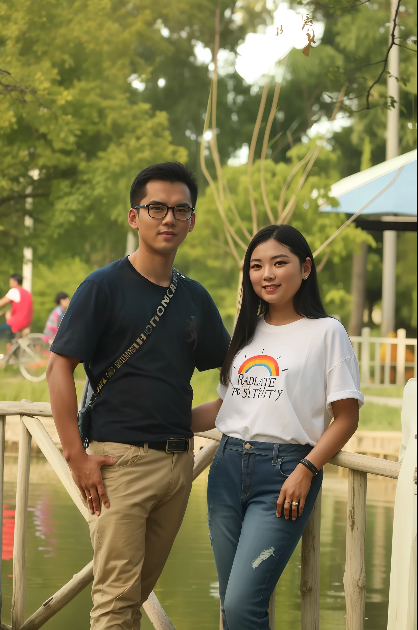 there are two people standing next to each other near a pond, lovely couple, taken with canon 8 0 d, ruan jia and fenghua zhong, couple, happy couple, taken with canon eos 5 d mark iv, with sunset, ruan jia and brom, full protrait, photo taken with canon 5d, with infinity