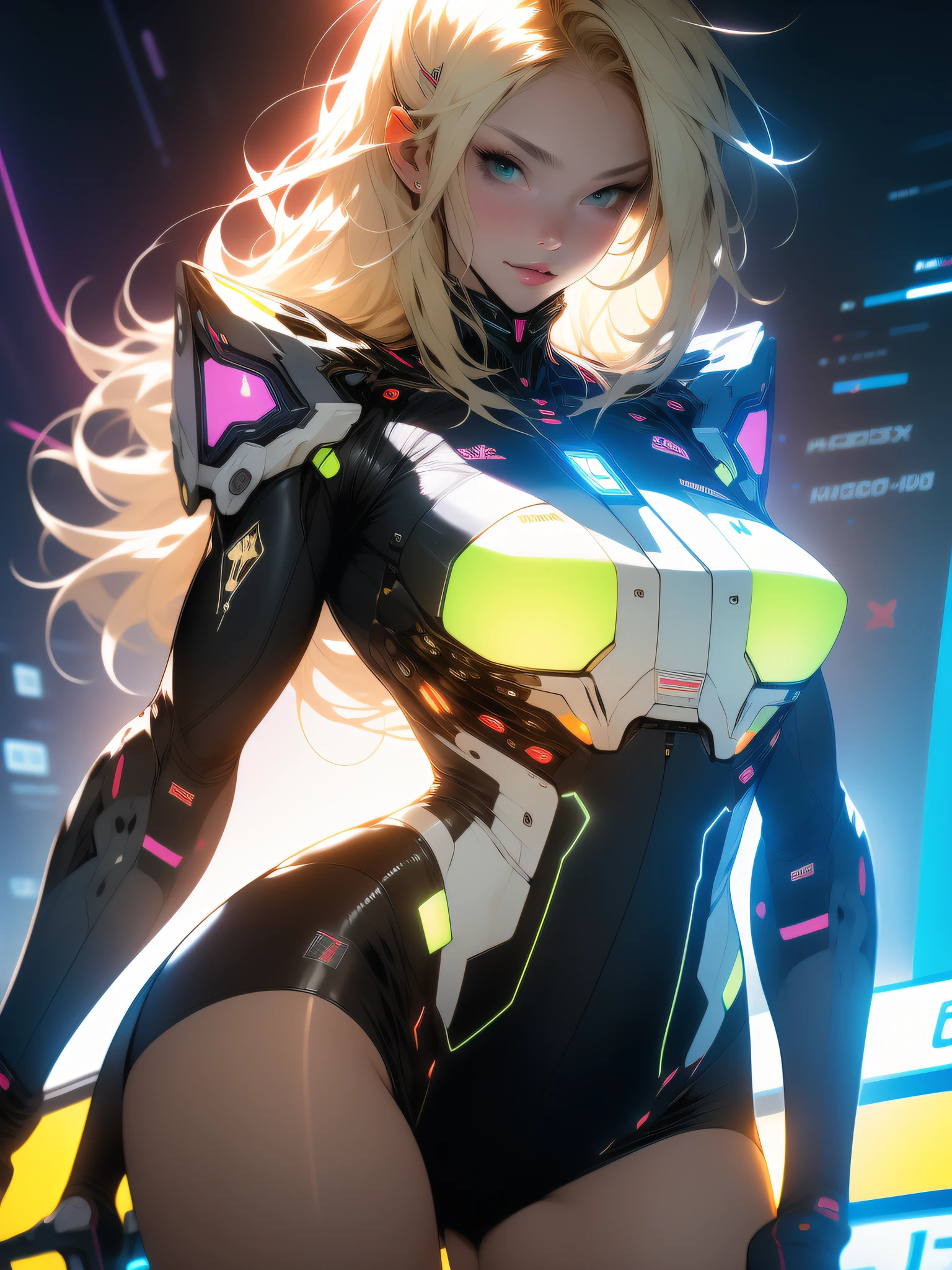 ((Best quality)), ((masterpiece)), (detailed: 1.4), (Nonsense), Tank pilot woman ready for war, shiny skin, perfect body, defined muscles, half thick bare thighs, closed mouth, only in panties, include stars in clothing, muscular body covered by technological clothing, Neon Genesis Evangelion style and Honor Impact, cyberpunk, generous neckline, ((perfect large breasts)), (green eyes without pupils), ((clothing in the colors of the flag of Ukraine)), (((unkempt blonde hair)))), (thin stripes covering the breasts), (Psychedelic tattoo on the arms), ((circuit drawings)), short underwear, garter belt, by mucha, niji --V5, close to real, psychopath, crazy face, sexy pose, background with a giant Gundam style robot head, 2 piece clothing, fractal shoulder pads, pastel, centralized, scale to fit dimensions, HDR (High Dynamic Range),Ray Tracing,NVIDIA RTX,Super-Resolution,Unreal 5,Subsurface dispersion, PBR texture, Post-processing, Anisotropic filtering, Depth of field, Maximum clarity and sharpness, Multilayer textures, Albedo and specular maps, Surface shading, Accurate simulation of light-material interaction, Perfect proportions, Octane Render, Two-tone lighting, Wide aperture, Low ISO, White Balance, Rule of Thirds, 8K RAW, crysisnanosuit