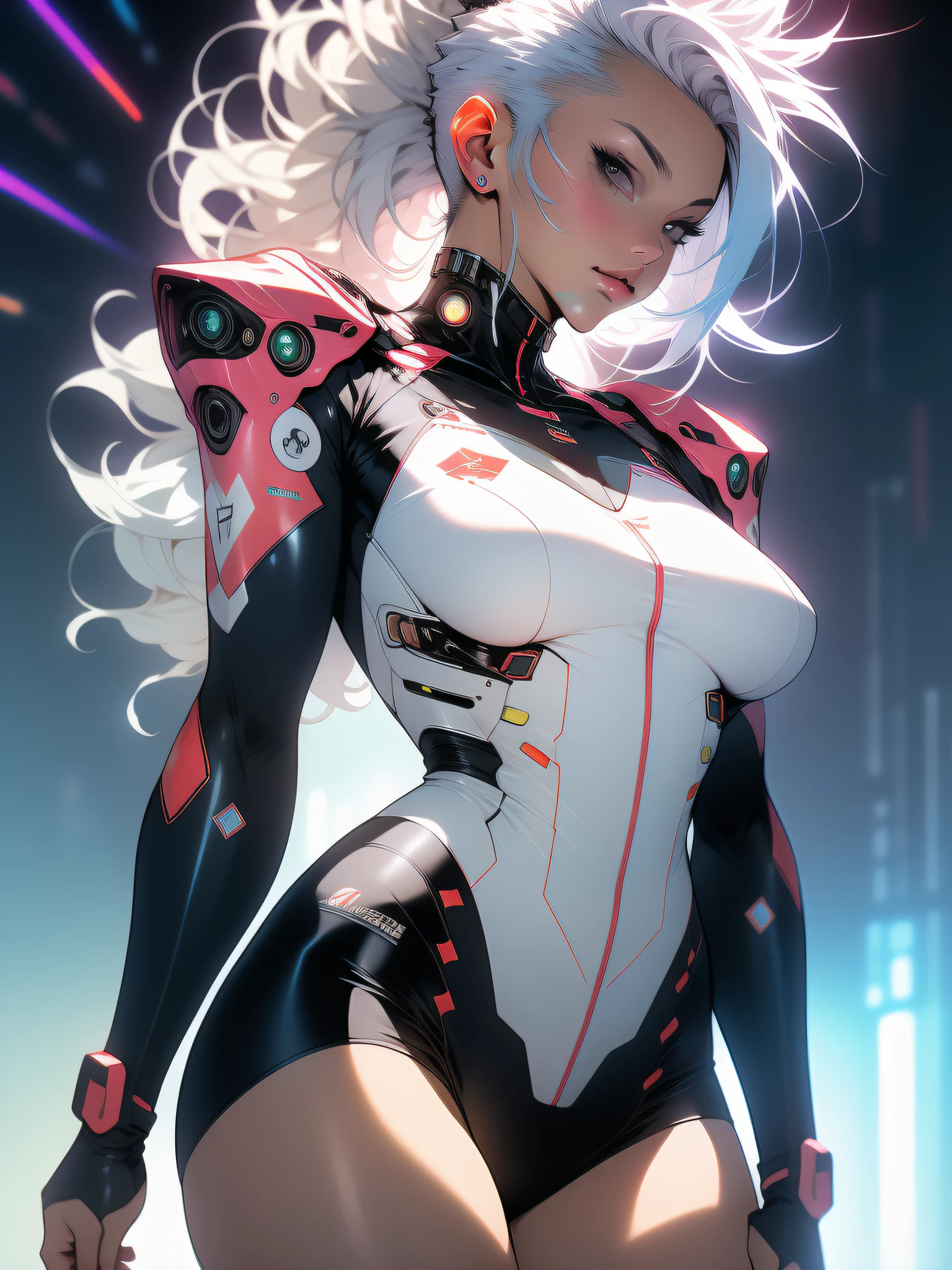 ((Best quality)), ((masterpiece)), (detailed: 1.4), (Nonsense), Tank pilot woman ready for war, shiny skin, perfect body, defined muscles, half thick bare thighs, closed mouth, only in panties, include stars in clothing, muscular body covered by technological clothing, Neon Genesis Evangelion style and Honor Impact, cyberpunk, generous neckline, ((perfect large breasts)), (green eyes without pupils),  ((clothing in the colors of the flag of Poland)), (((mohawk white hair)))), (thin stripes covering the breasts), (Psychedelic tattoo on the arms), ((circuit drawings)), short underwear, garter belt, by mucha, niji --V5, close to real, psychopath, crazy face, sexy pose, background with a giant Gundam style robot head, 2 piece clothing, fractal shoulder pads, pastel,  centralized, scale to fit dimensions, HDR (High Dynamic Range),Ray Tracing,NVIDIA RTX,Super-Resolution,Unreal 5,Subsurface dispersion, PBR texture, Post-processing, Anisotropic filtering, Depth of field, Maximum clarity and sharpness, Multilayer textures, Albedo and specular maps, Surface shading, Accurate simulation of light-material interaction, Perfect proportions, Octane Render, Two-tone lighting, Wide aperture, Low ISO,  White Balance, Rule of Thirds, 8K RAW, crysisnanosuit