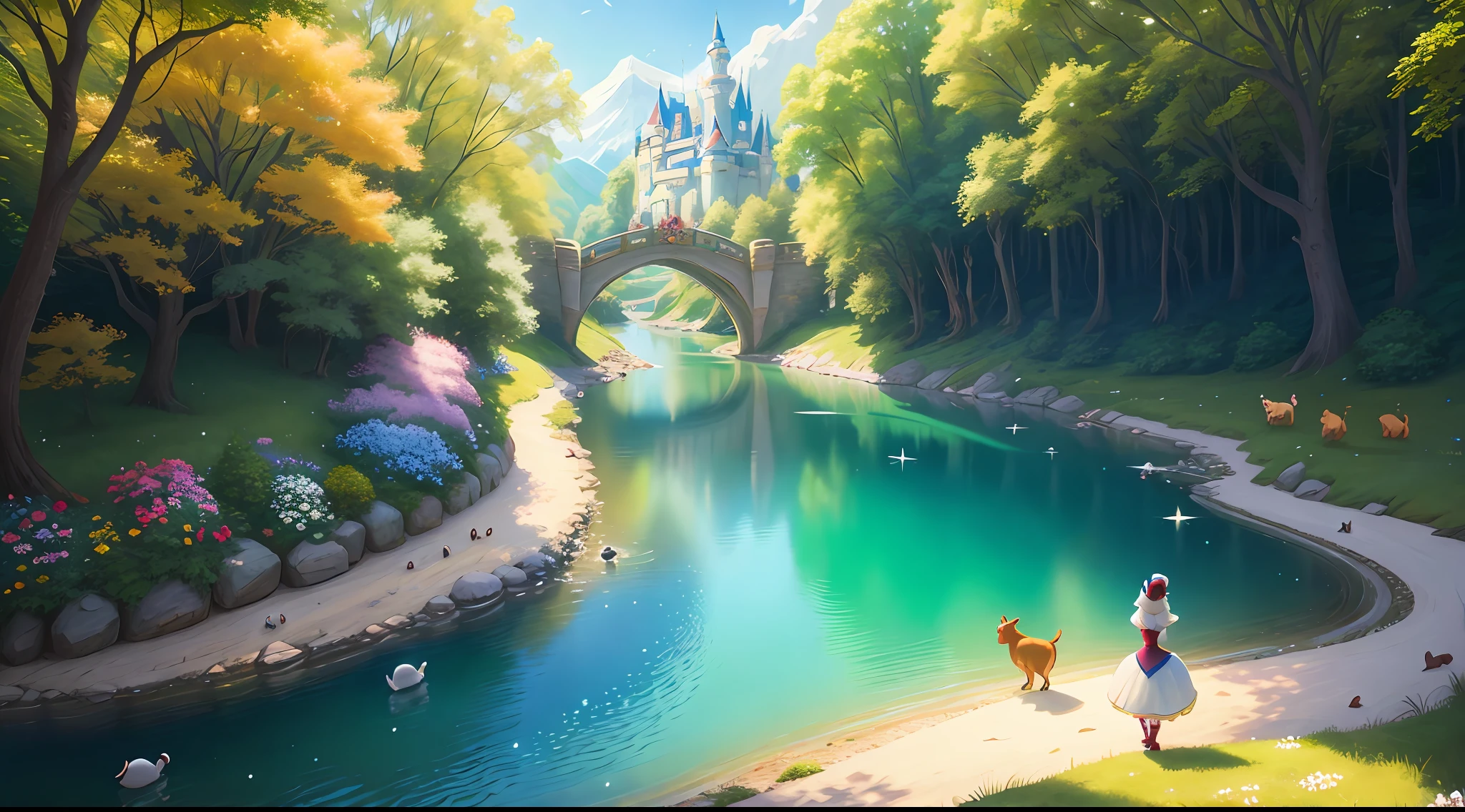 a middle-aged Disney Princess Snow White wearing a crown in the woods with many cute animals near her, dancing first-person view. Many flowers of various colors. A sunny day. with a river and a fairytale castle in the background. Walt Disney cartoon style., from above, from below, anime, from side, panorama