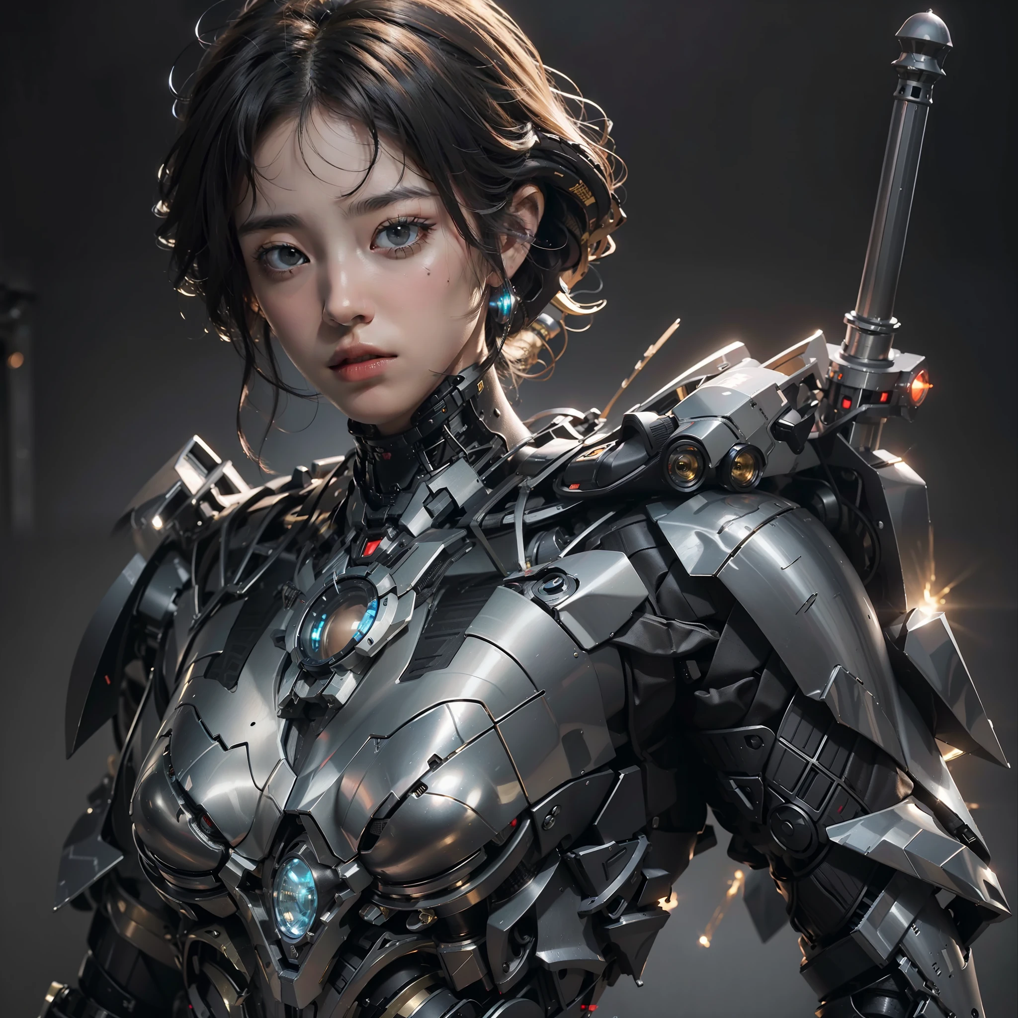 robot, costume, 8K, RAW, best quality, masterpiece, ultra high resolution, colorful, (medium wide angle), (dynamic perspective), sharp focus, depth of field photo, 1 guy, solo, handsome guy in detail, extremely detailed eyes and face, fine detailed eyes,(black gold, trim equipment:1.2),(In weapon factory future:1.2),(aside:1.2),
