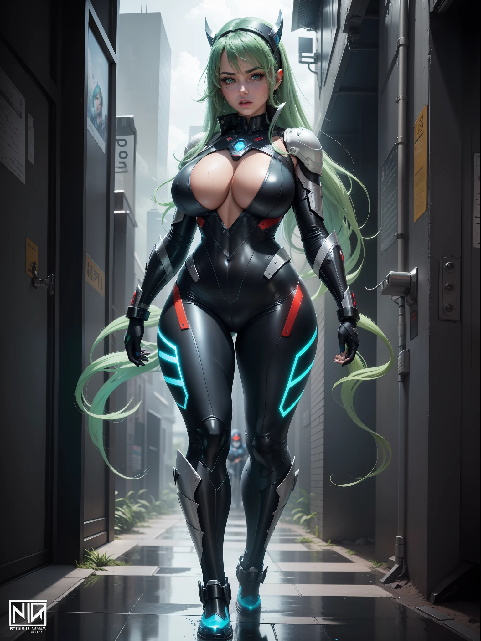 (full body photo,standing,foot on the ground),((Luana/Woman has large breasts, black with white parts/ninja costume/Ultraman/futuristic/luminous blue jewelry on the breastplate, extremely tight on the body)). Luana is in a futuristic city with heavy rain, clouds charged in the sky. Luana has ((green hair, blue eyes)), her hair and her clothes are extremely soaked, her clothes are transparent, she is staring at the viewer, from the front, anime, anime style, Mortal Kombat, 16k, UHD, best quality, high quality, award winning, anatomically correct, masterpiece