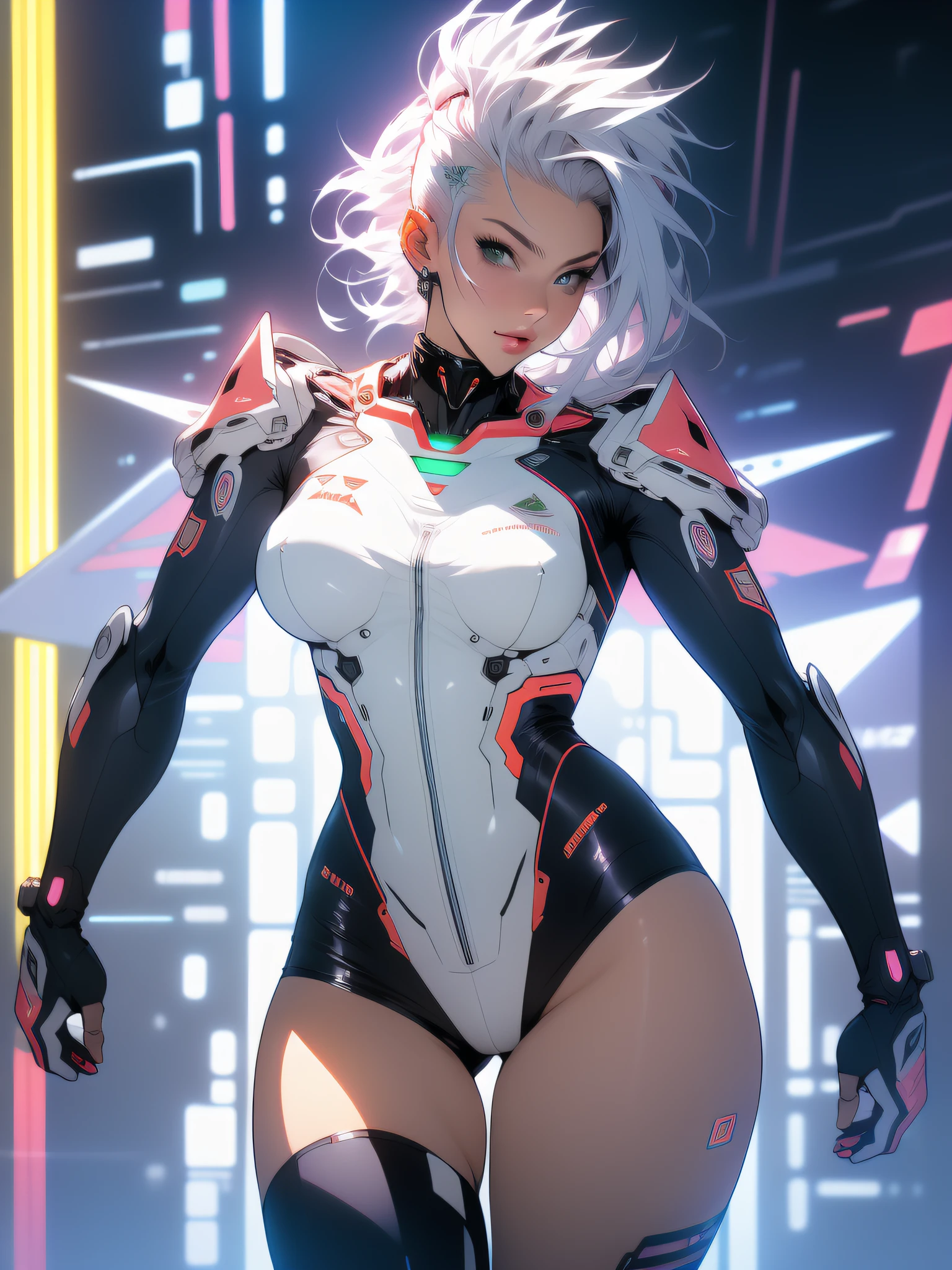 ((Best quality)), ((masterpiece)), (detailed: 1.4), (Nonsense), Tank pilot woman ready for war, shiny skin, perfect body, defined muscles, half thick bare thighs, closed mouth, only in panties, include stars in clothing, muscular body covered by technological clothing, Neon Genesis Evangelion style and Honor Impact, cyberpunk, generous neckline, ((perfect large breasts)), (green eyes without pupils), ((clothing in the colors of the flag of Poland)), (((mohawk white hair)))), (thin stripes covering the breasts), (Psychedelic tattoo on the arms), ((circuit drawings)), short underwear, garter belt, by mucha, niji --V5, close to real, psychopath, crazy face, sexy pose, background with a giant Gundam style robot head, 2 piece clothing, fractal shoulder pads, pastel, centralized, scale to fit dimensions, HDR (High Dynamic Range),Ray Tracing,NVIDIA RTX,Super-Resolution,Unreal 5,Subsurface dispersion, PBR texture, Post-processing, Anisotropic filtering, Depth of field, Maximum clarity and sharpness, Multilayer textures, Albedo and specular maps, Surface shading, Accurate simulation of light-material interaction, Perfect proportions, Octane Render, Two-tone lighting, Wide aperture, Low ISO, White Balance, Rule of Thirds, 8K RAW, crysisnanosuit