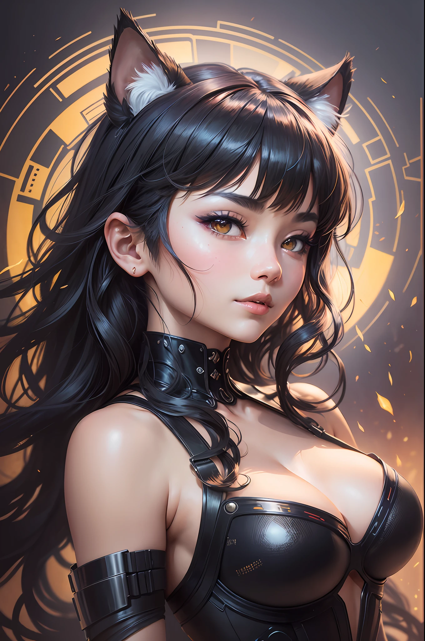 a beautiful chiaroscuro painting of a cute asian cyberpunk Nekomata catgirl wearing black organic shaped lacework ceramic cyberpunk armor, asian eyes, cat ears, fringe cut and bangs swirling shapeless hair, dynamic pose, beautiful and elegant, contrasting lights and shadows background, dark shadows, backlit, painted by H.R. Giger, Luis Royo, Alphonse Mucha, artgerm + depth of field + sharp focus + vfx + post processing + 8k --auto --s2