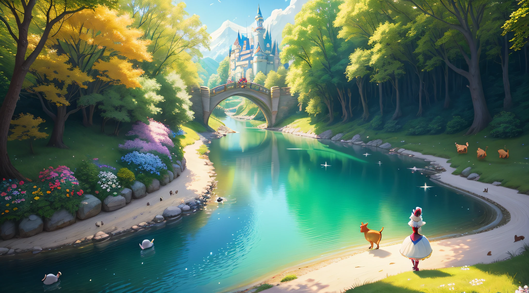 a middle-aged Disney Princess Snow White wearing a crown in the woods with many cute animals near her, dancing first-person view. Many flowers of various colors. A sunny day. with a river and a fairytale castle in the background. Walt Disney cartoon style., from above, from below, anime, from side, panorama