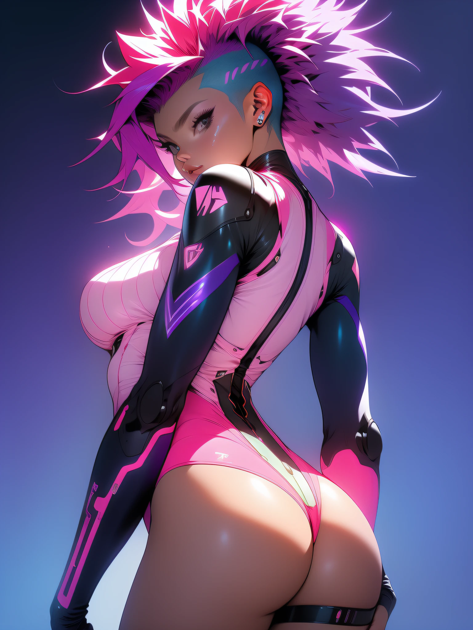 ((Best quality)), ((masterpiece)), (detailed: 1.4), (Absurd), Tank pilot woman ready for war, shiny skin, perfect body, defined muscles, half thick naked thighs, back, perfect ass, closed mouth, only in panties, include stars in clothing, muscular body covered by technological clothing, Neon Genesis Evangelion style and Honor Impact, cyberpunk, generous neckline, ((perfect large breasts)),  (green eyes without pupils), ((clothing only in white and red colors)), (((purple and pink mohawk hair)))), (thin stripes covering breasts), (Psychedelic tattoo on arms), ((circuit drawings)), short underwear, garter belt, by mucha, niji --V5, close to real, psychopath, crazy face, sexy pose, background with a giant Gundam-style Robot head,  2 piece clothing, fractal shoulder pads, pastel, centered, scale to fit dimensions, HDR (High Dynamic Range),Ray Tracing,NVIDIA RTX,Super-Resolution,Unreal 5,Subsurface dispersion, PBR texture, Post-processing, Anisotropic filtering, Depth of field, Maximum clarity and sharpness, Multilayer textures, Albedo and specular maps, Surface shading, Accurate simulation of light-material interaction, Perfect proportions, Octane Render, Two-tone lighting,  Wide aperture, Low ISO, White balance, Rule of thirds, 8K RAW, crysisnanosuit