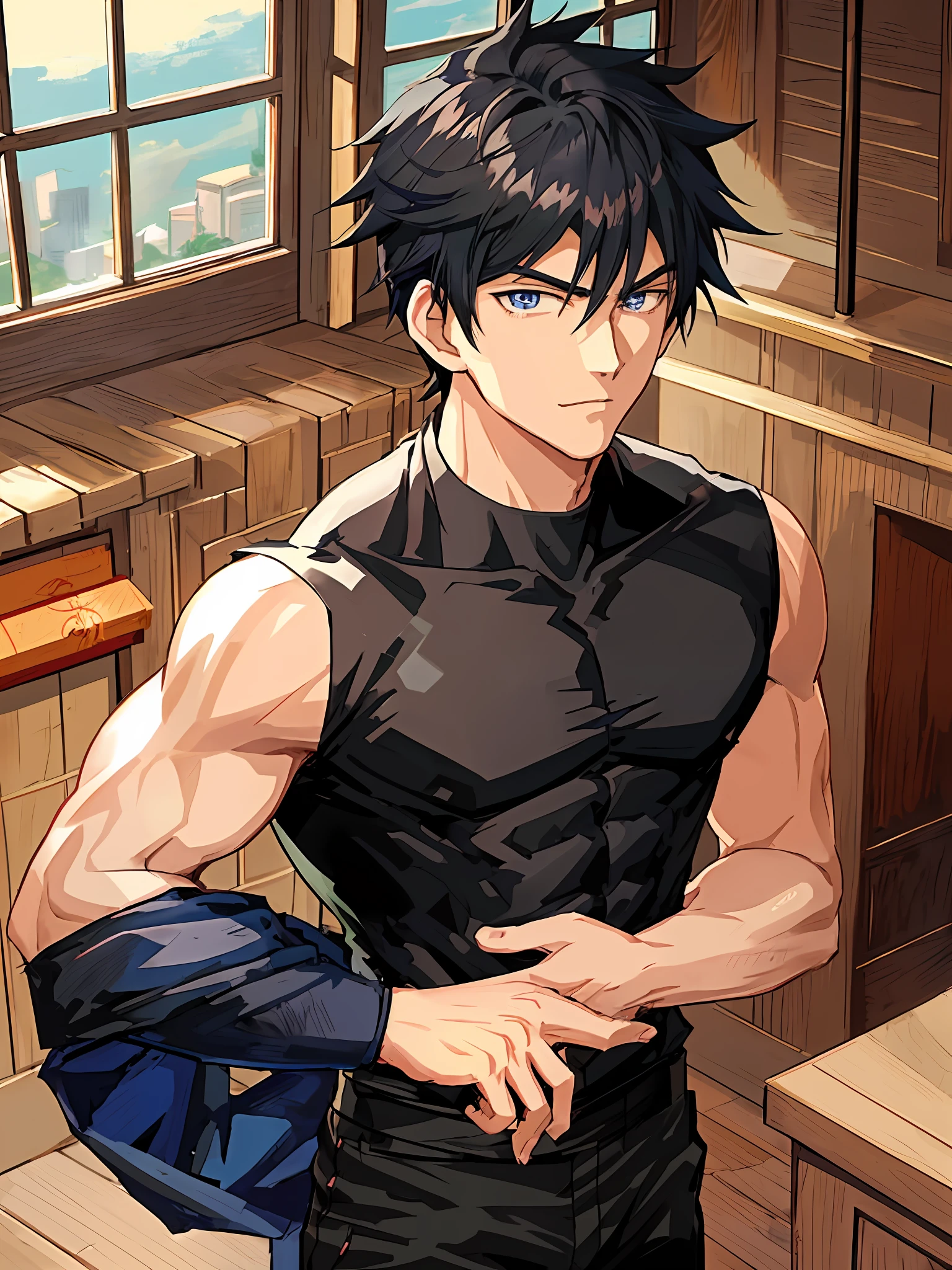 anime guy with black hair and a black shirt standing in a room, anime handsome man, handsome guy in demon slayer art, muscular!!, handsome anime pose, muscular!, anime portrait of a handsome man, tall anime guy with blue eyes, roguish smirk, male anime character, muscular male hero, young anime man, handsome japanese demon boy, okata kazuto