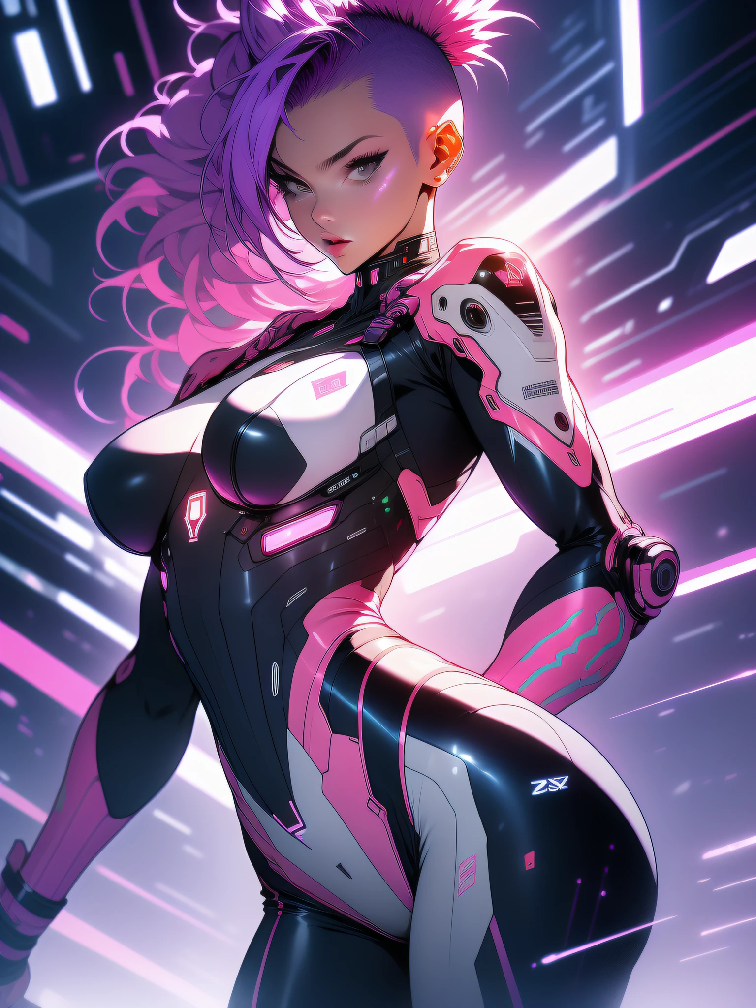 ((Best quality)), ((masterpiece)), (detailed: 1.4), (Nonsense), Tank pilot woman ready for war, shiny skin, perfect body, defined muscles, half thick bare thighs, closed mouth, only in panties, include stars in clothing, muscular body covered by technological clothing, Neon Genesis Evangelion style and Honor Impact, cyberpunk, generous neckline, ((perfect large breasts)), (green eyes without pupils), ((clothing only in white and red colors)), (((short mohawk purple and pink hair))), (thin stripes covering breasts), (Psychedelic tattoo on arms), ((circuit drawings)), short underwear, garter belt, by mucha, niji --V5, close to real, psychopath, crazy face, sexy pose, background with a giant Gundam-style Robot head, 2 piece outfit, Fractal shoulder pads, pastel, centered, scale to fit dimensions, HDR (High Dynamic Range),Ray Tracing,NVIDIA RTX,Super-Resolution,Unreal 5,Subsurface dispersion, PBR texture, Post-processing, Anisotropic filtering, Depth of field, Maximum clarity and sharpness, Multilayer textures, Albedo and specular maps, Surface shading, Accurate simulation of light-material interaction, Perfect proportions, Octane Render, Two-tone lighting, Wide aperture, Low ISO, White balance, Rule of thirds, 8K RAW, crysisnanosuit