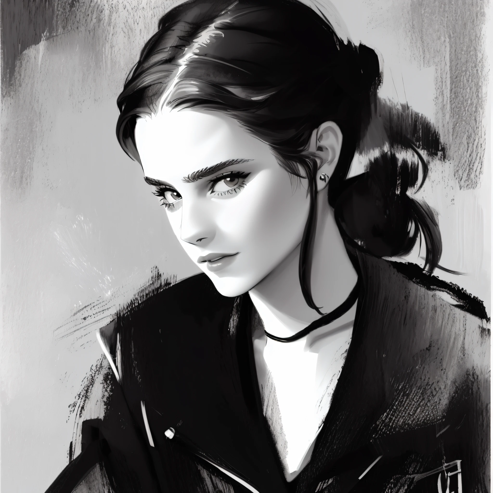 DBlinebrush style, masterpiece, 1girl, beautiful portrait of emma watson, monochrome