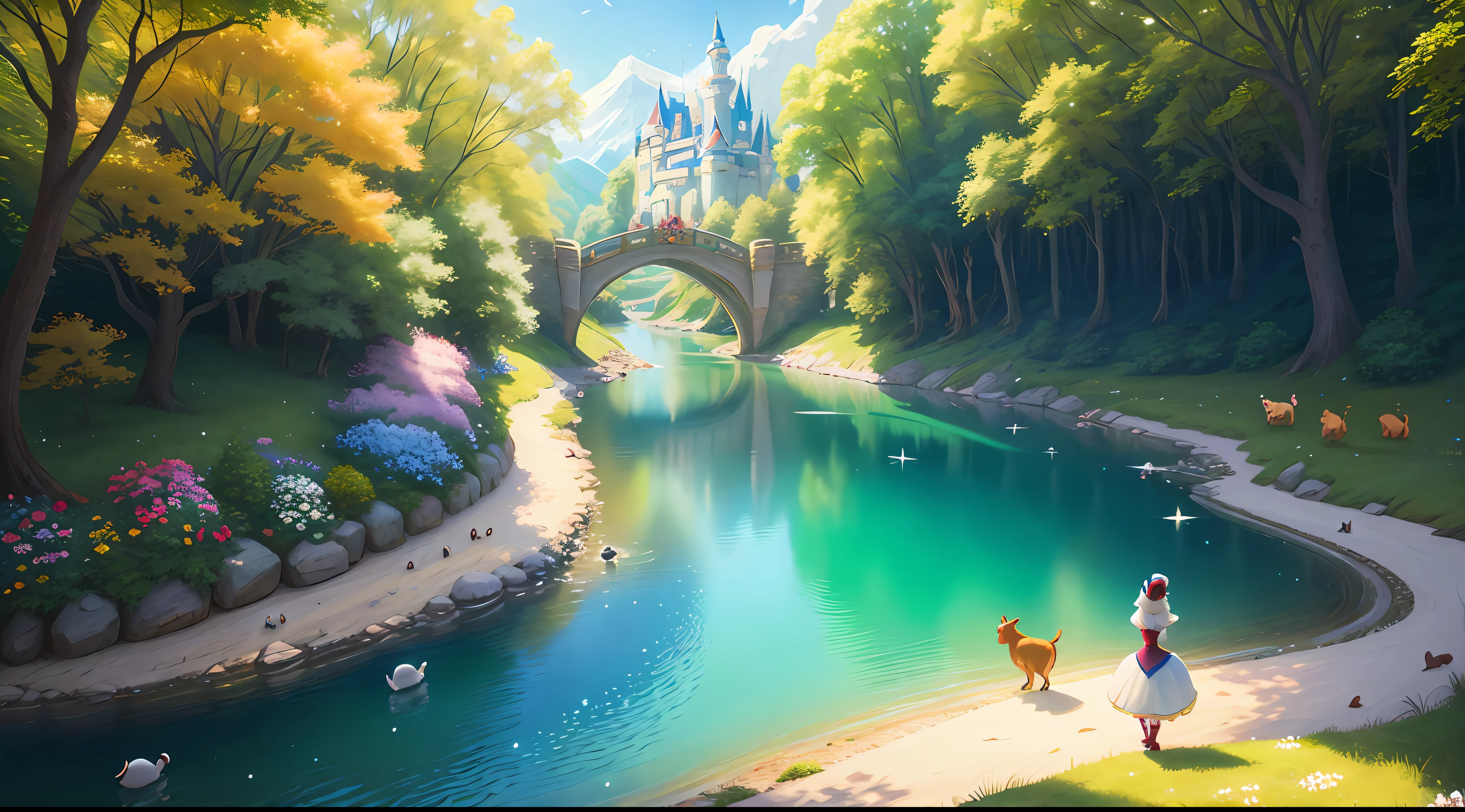 a middle-aged Disney Princess Snow White wearing a crown in the woods with many cute animals near her, dancing first-person view. Many flowers of various colors. A sunny day. with a river and a fairytale castle in the background. Walt Disney cartoon style., from above, from below, anime, from side, panorama