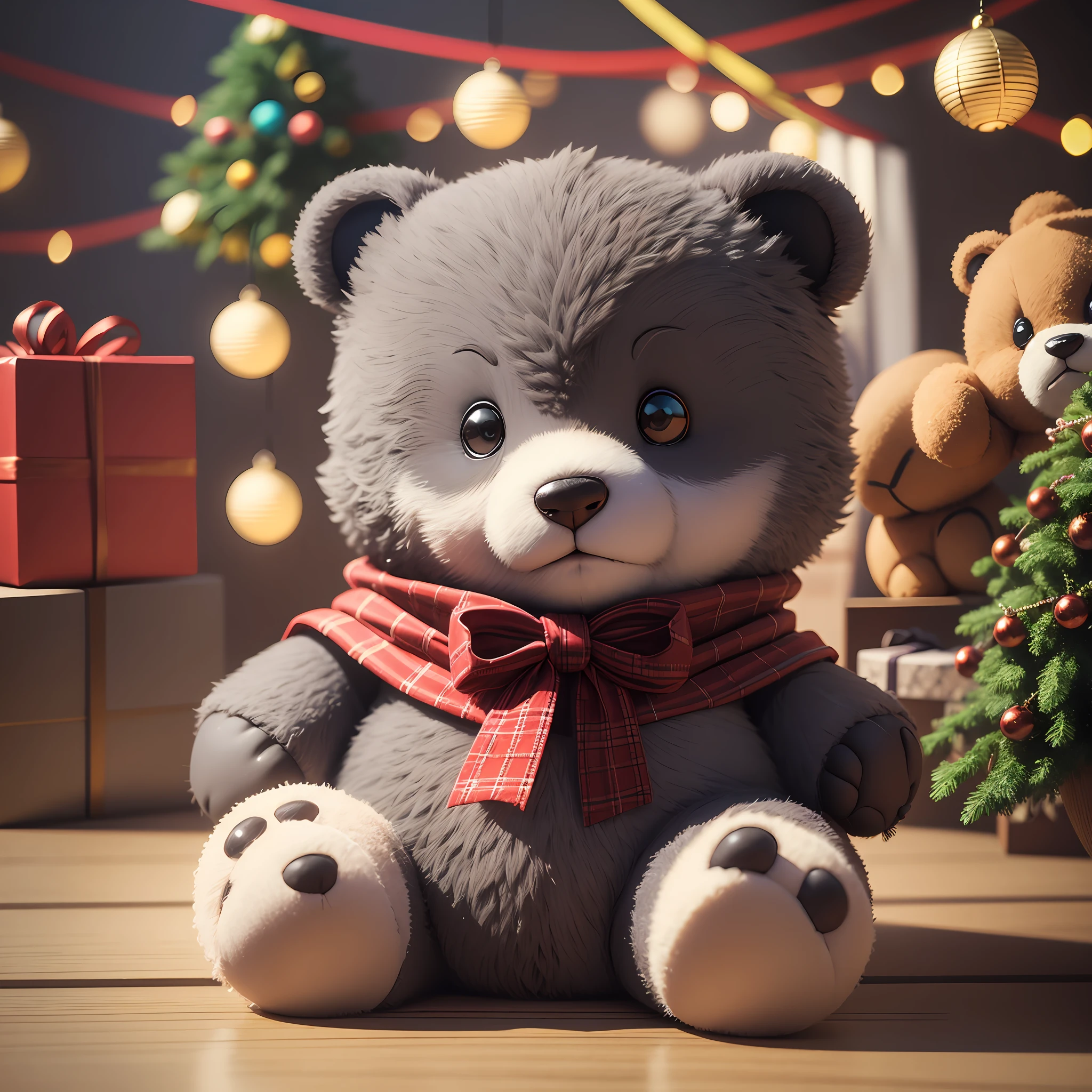 two christmas lights in the background, in the style of plush bear cubs art, daz3d, anglo core, colorful costumes, group f/64, dark gray, toycore —ar 4:3 --auto --s2