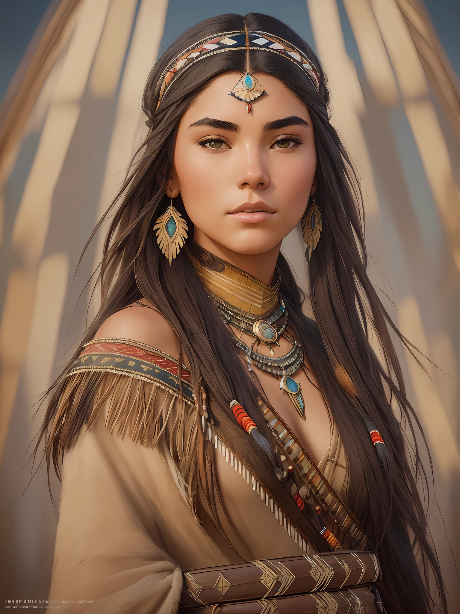portrait photograph of Madison Beer as Pocahontas, young beautiful native american woman, perfect symmetrical face, indigenes feather jewelry, traditional handmade dress, armed female hunter warrior, (((wild west))) environment, Utah landscape, ultra realistic, concept art, elegant, ((intricate)), ((highly detailed)), depth of field, ((professionally color graded)), soft ambient lighting, dusk, 8k, art by artgerm and greg rutkowski and alphonse mucha --v 6