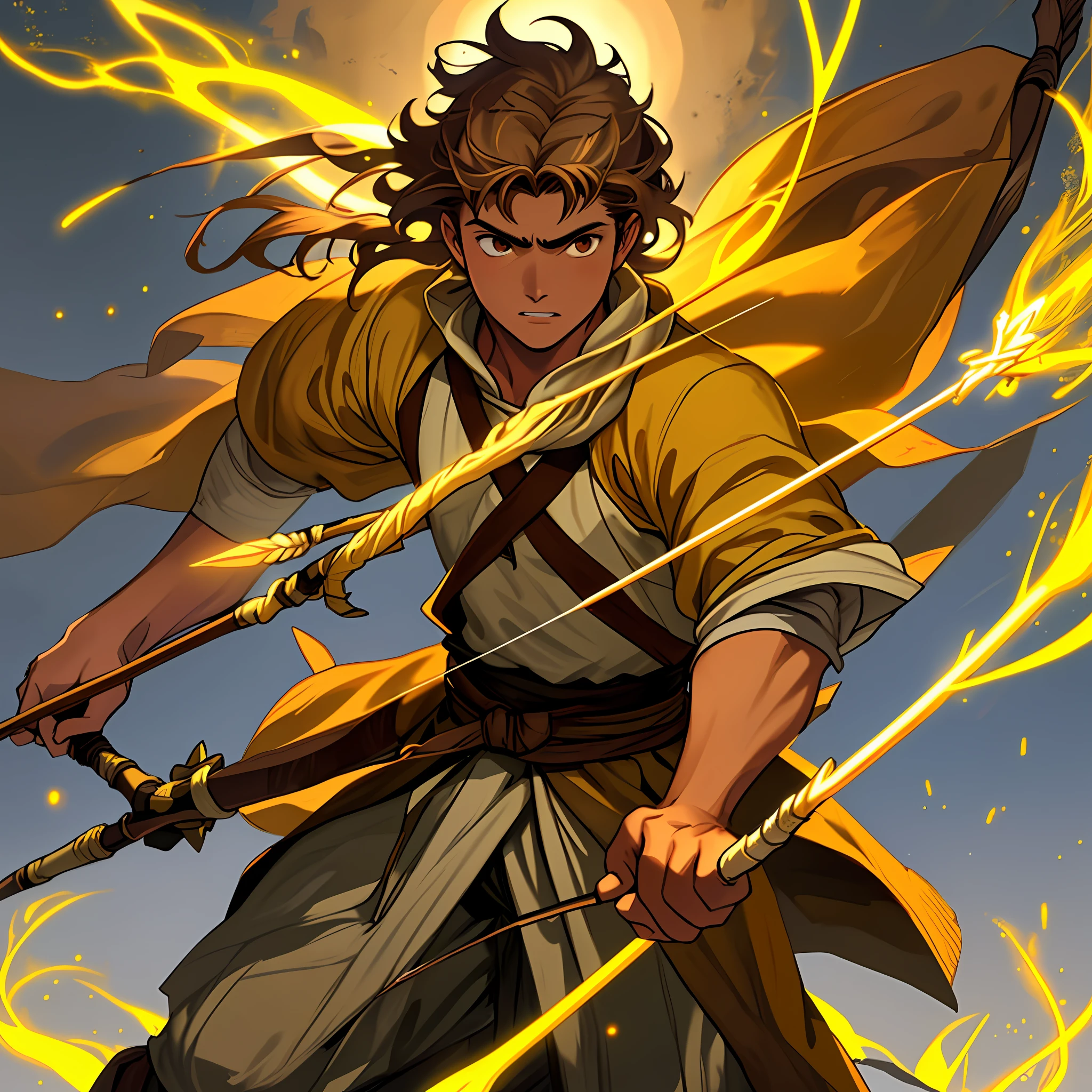 A 19-year-old boy, light brown hair, big hair, fair skin, brown eyes, medieval yellow and black archer clothes, young, expression of fury, holding bow and arrow of light, power of yellow light, archer, masterpiece