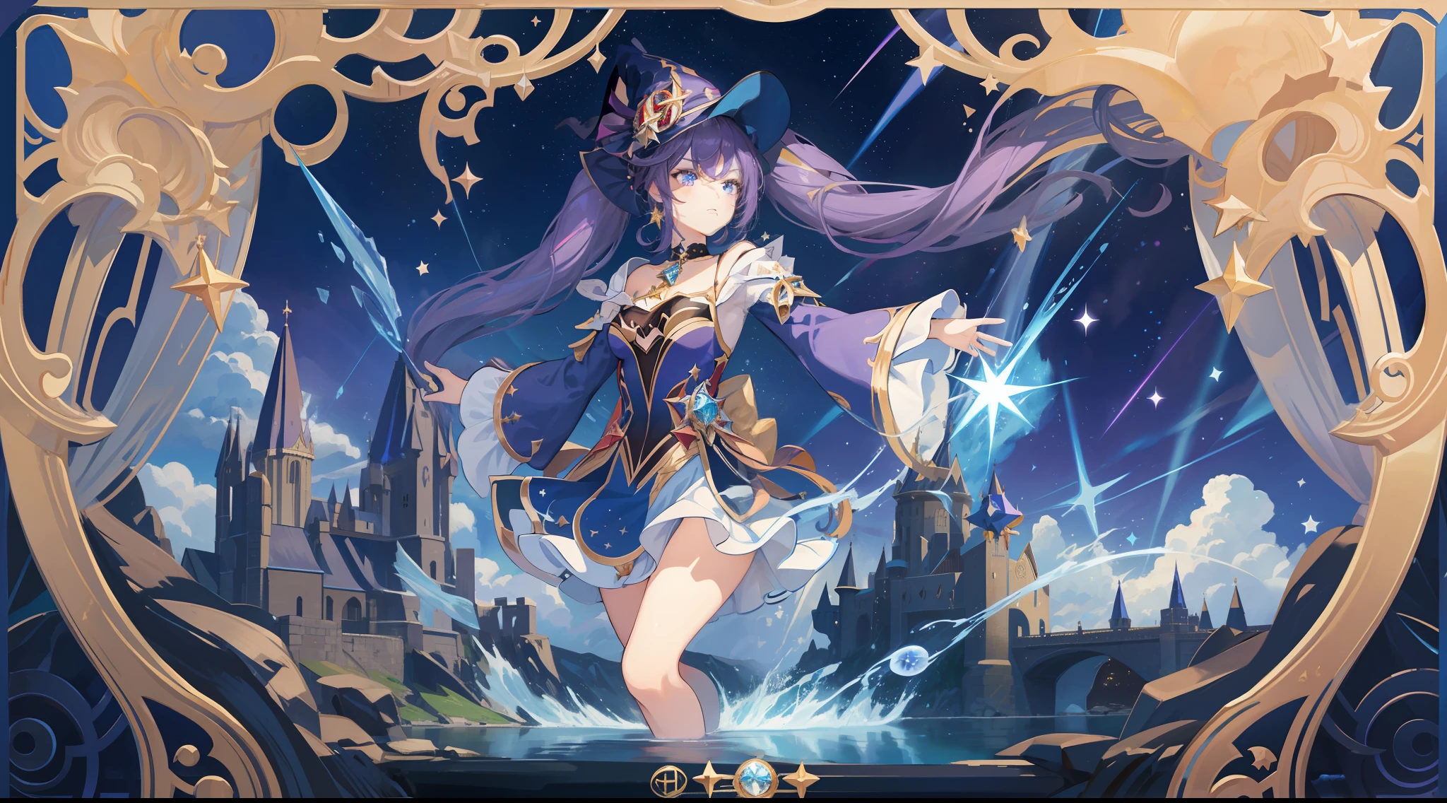 girl, solo, Mona \(Genshin Impact\), choker, hair between eyes, star \(symbol\), hat, long hair, skirt, dark purple hair, twintails, blue eyes, shining eyes, earrings, jewelry, witch, bangs, black shoes, landscape, night sky, star \(sky\), starry sky, night, outdoor, clouds, reflection, water, magic, tarot, water magic, wizard, ((beautiful golden crystal star))