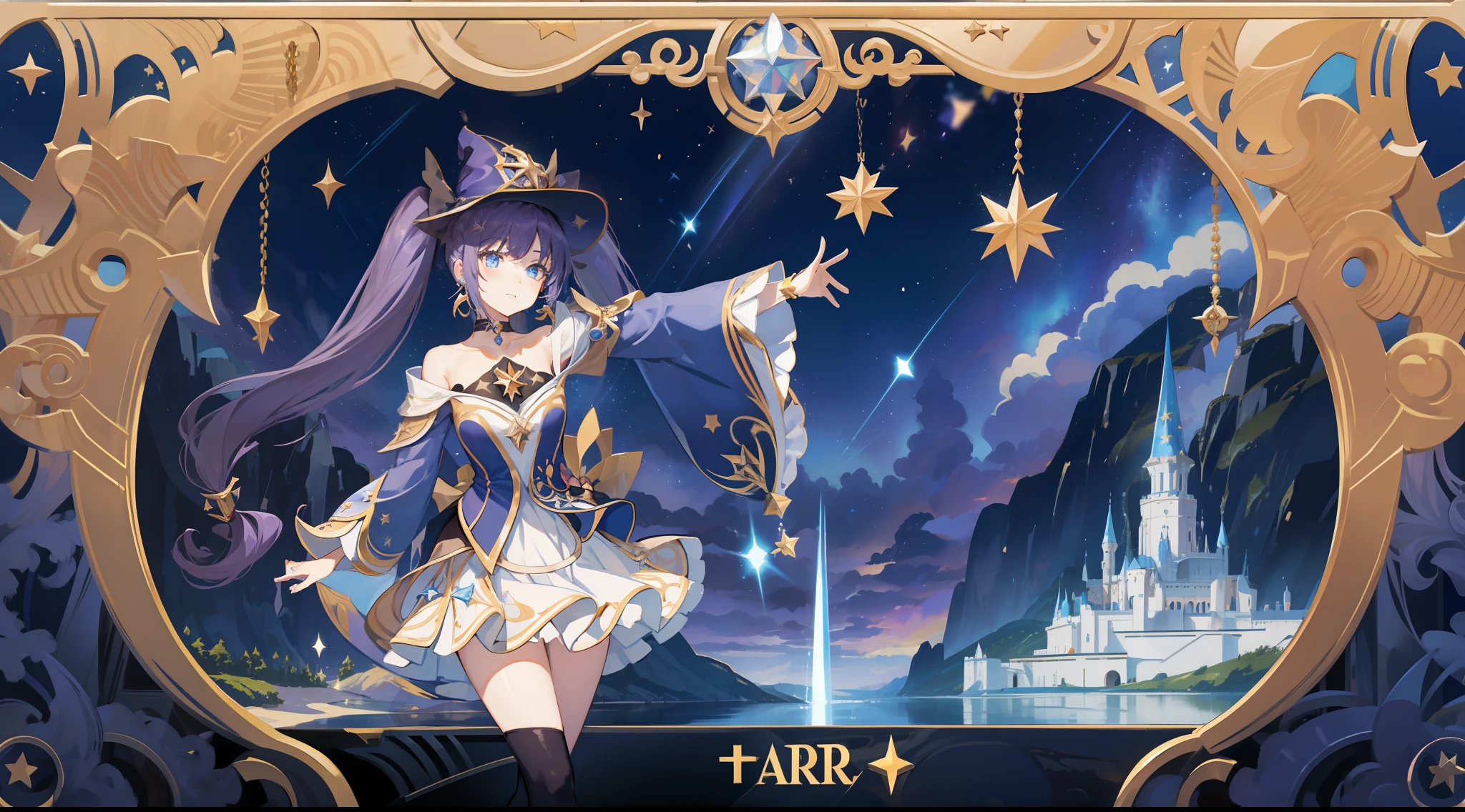 girl, solo, Mona \(Genshin Impact\), choker, hair between eyes, star \(symbol\), hat, long hair, skirt, dark purple hair, twintails, blue eyes, shining eyes, earrings, jewelry, witch, bangs, black shoes, landscape, night sky, star \(sky\), starry sky, night, outdoor, clouds, reflection, water, magic, tarot, water magic, wizard, ((beautiful golden crystal star))