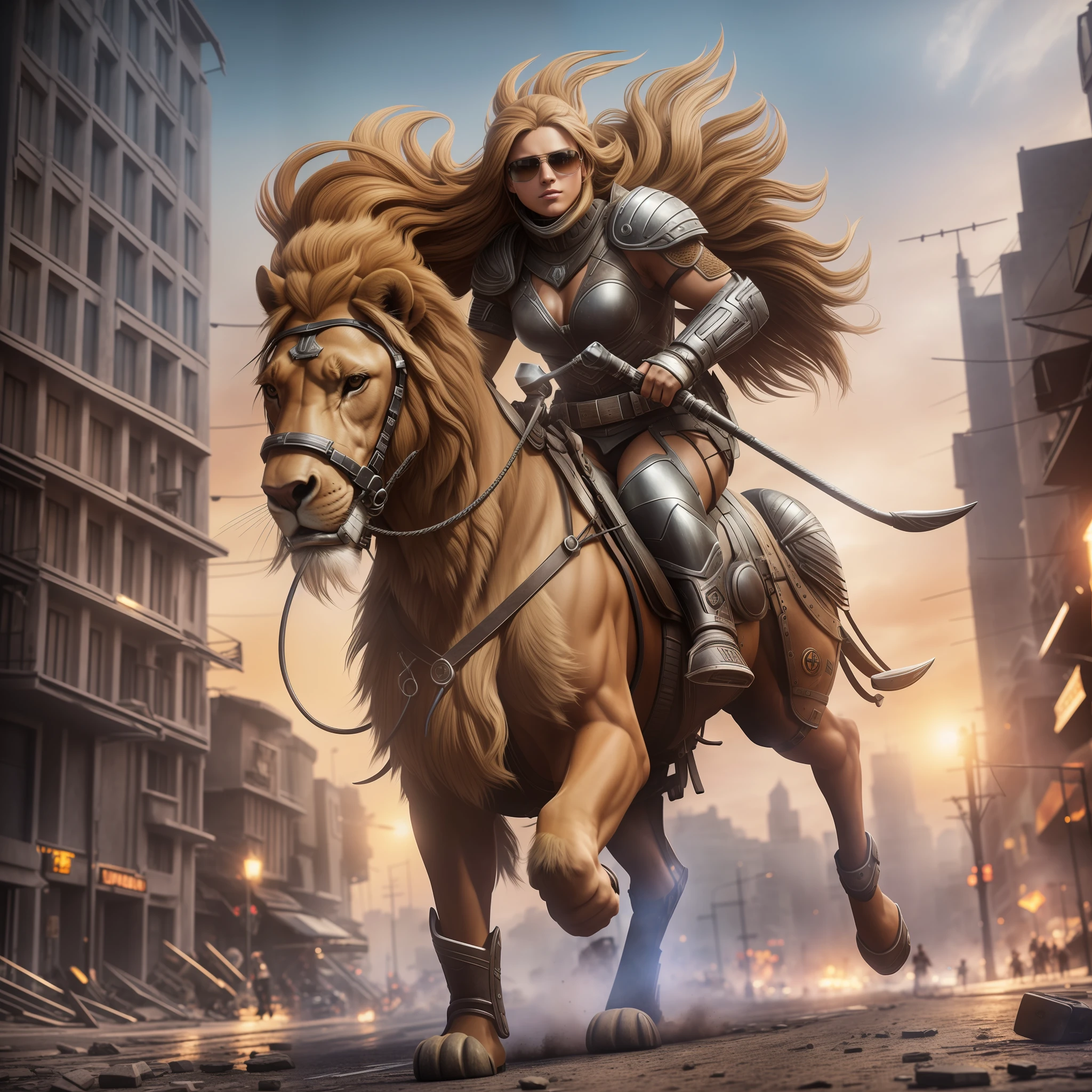 an ultra-detailed hyper-realistic photograph of a beautiful blonde haired woman, barbarian, beautiful brown hair riding a proportional lion size to ride, full body shot, futuristic wearing sunglasses in a dystopian city, tattered outfit, long wild brown hair , detailed symmetrical eyes, detailed pretty face, apocalyptic environment, exquisite details, 30 megapixels, 4k, Canon EOS 6D Mark IV DSLR, 55mm lens, sharp focus full body, intricate details, long exposure time, f/8, ISO 100, Shutter Speed 1/125, Diffuse Backlight, Award Winning Photography, Front Camera, Looking at Camera, Monovisions, Perfect Contrast, High Sharpness, Immaterial Cimetry, Depth of Field, Ultra Detailed Photography, Raytraced, Global Illumination, TanvirTamim , smooth, ultra high definition, 8k, iper realistic, full body image, engine 10, ultra sharp focus, award winning photography, trending on artstation --auto --s2