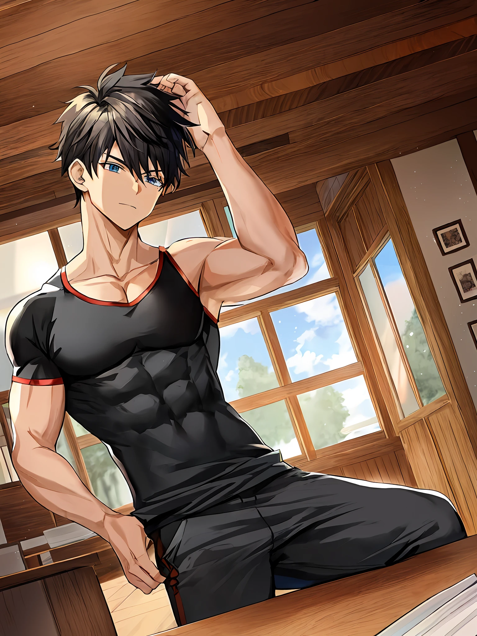 anime man in black shirt sitting on a table in a room, handsome anime pose, anime handsome man, fluffy chest, muscular!!, male anime character, most strongest pose, tall anime guy with blue eyes, muscular!, male anime style, inspired by Tomioka Tessai, open v chest clothes, smooth anime cg art, tight black tanktop